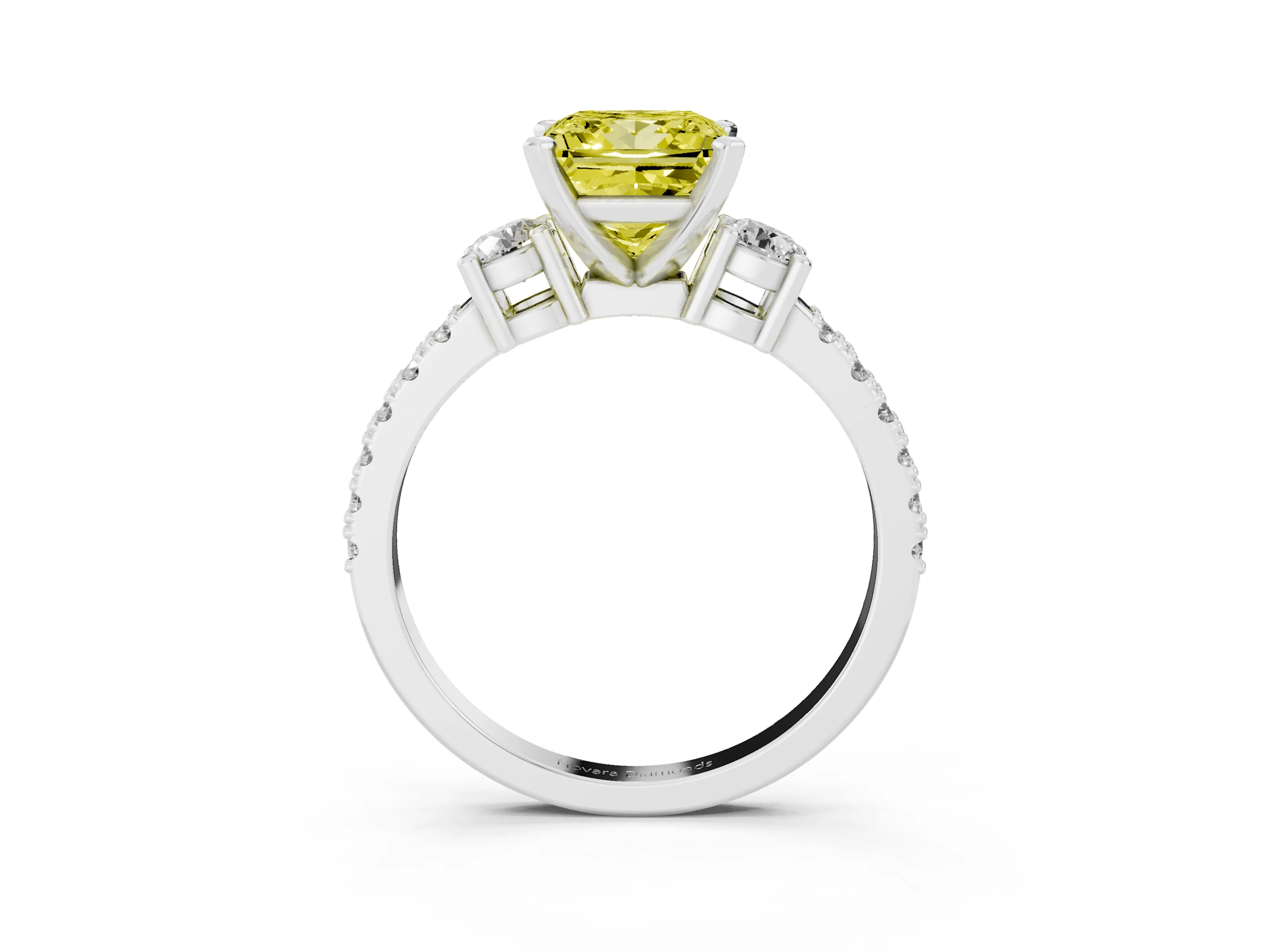 Fancy Yellow Three-Stone Princess Cut Diamond Pavé Band Ring Set in Silver with Prong Setting