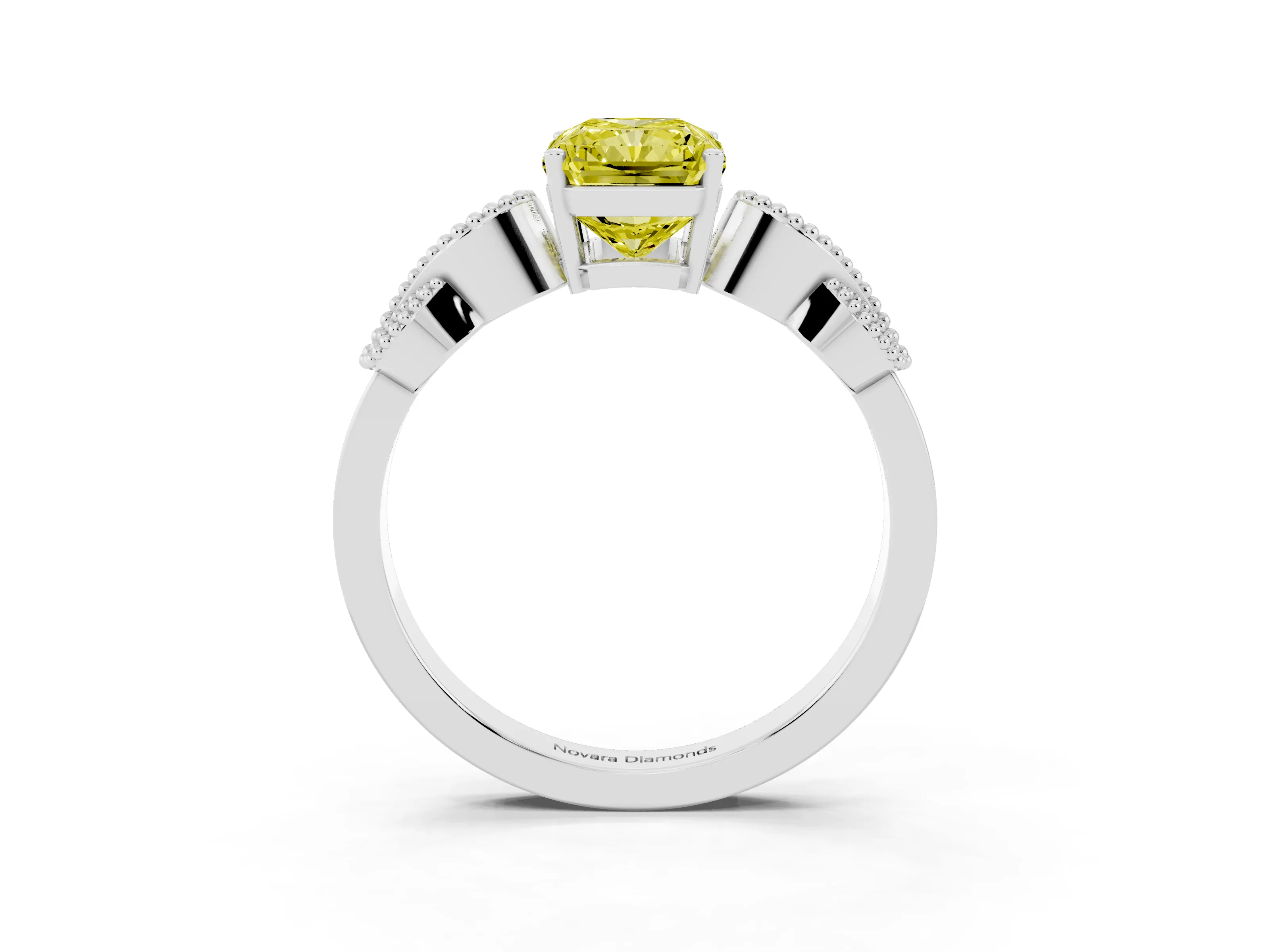 Fancy Yellow Princess Cut Diamond Milgrain Leaf Band Solitaire Ring Set in Silver with Accent Stones and Prong Setting