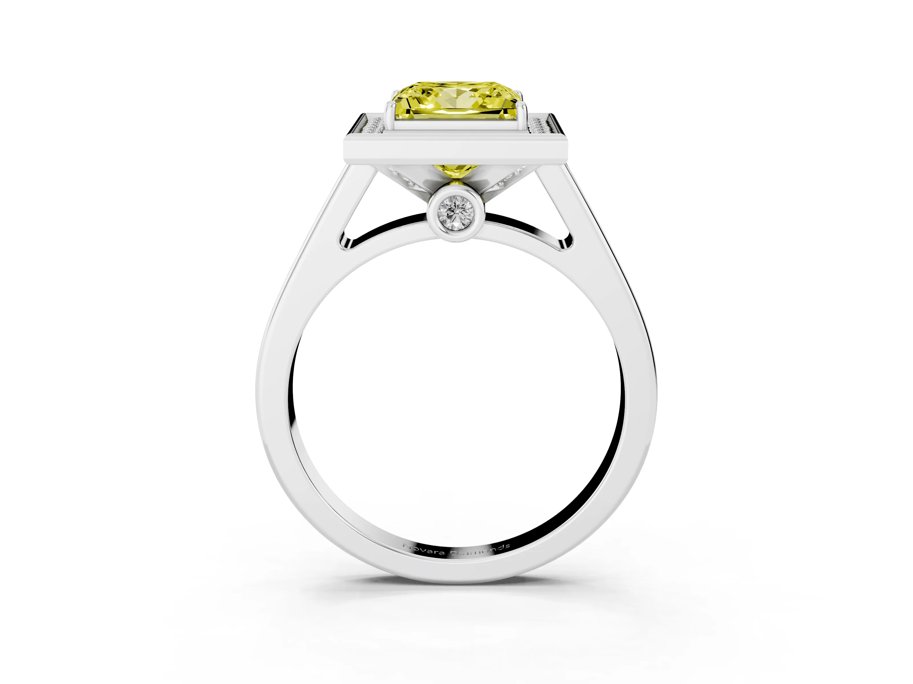 Fancy Yellow Princess Cut Diamond Halo Solitaire Ring Set in Platinum with Pavé Band and Bezel Setting