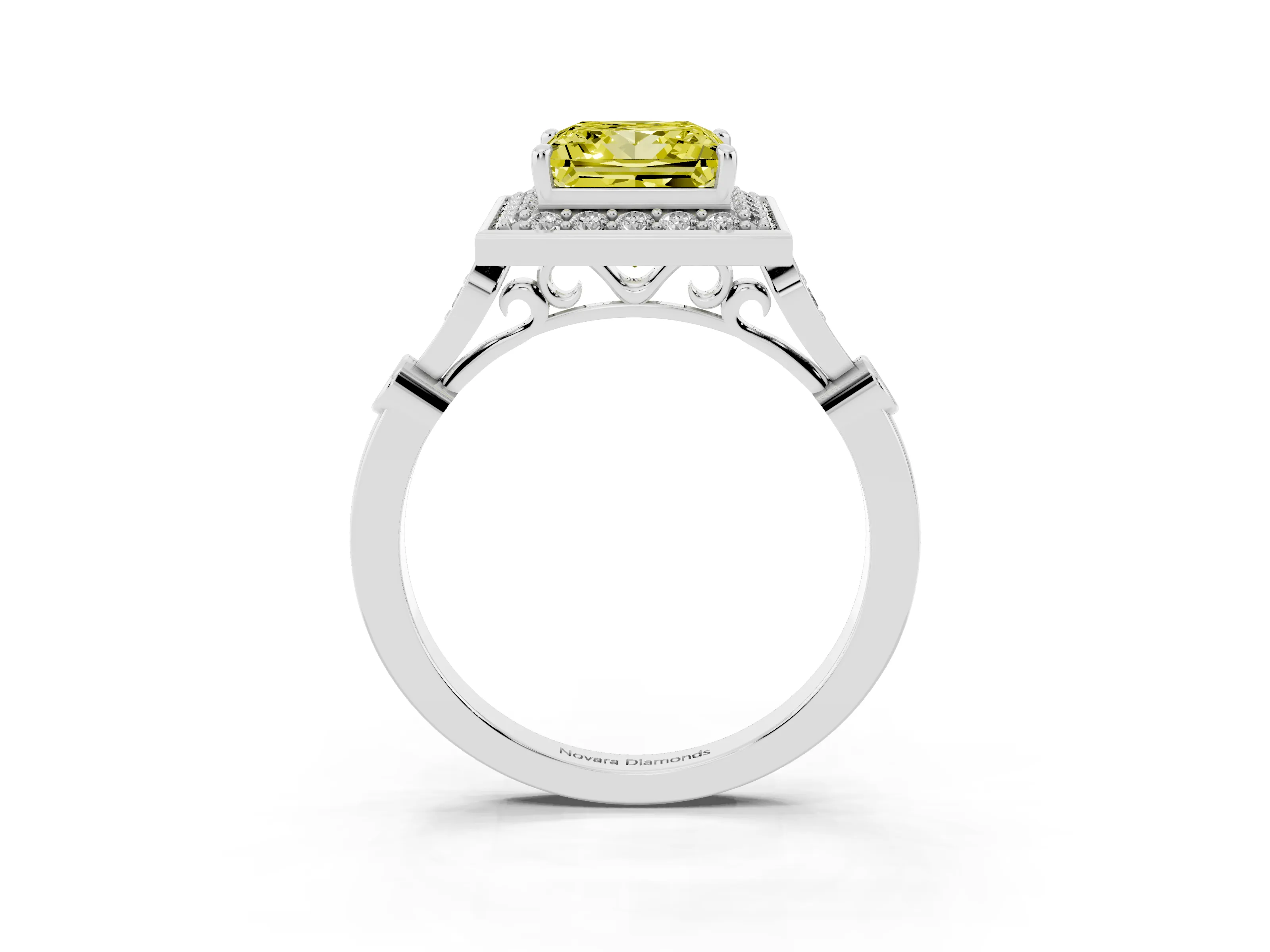 Fancy Yellow Princess Cut Diamond Halo Engagement Ring Set in Platinum with Twisted Band and Prong Setting