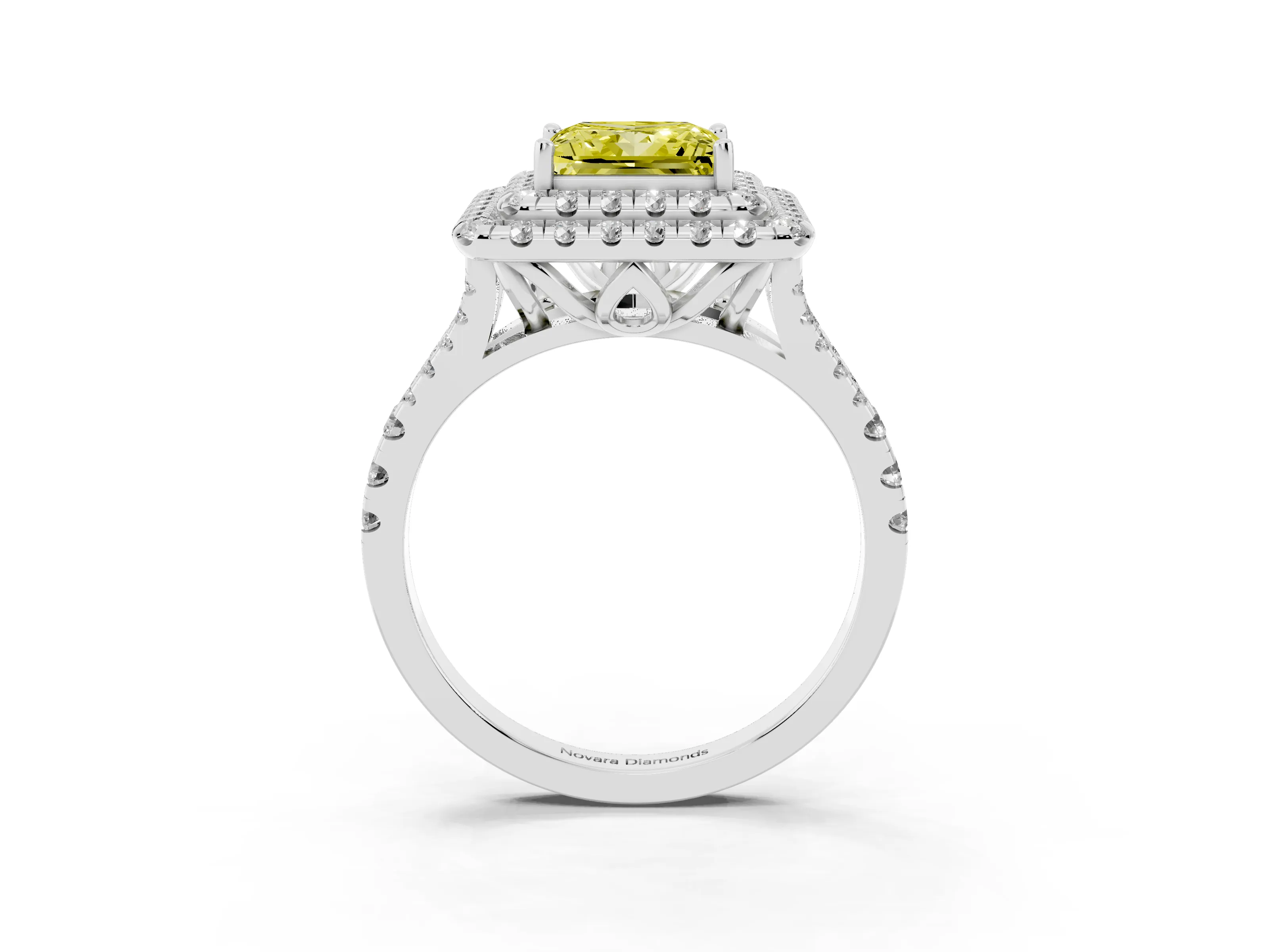 Fancy Yellow Princess Cut Diamond Double Halo Ring Set in Platinum with Pavé Split Shank and Prong Setting
