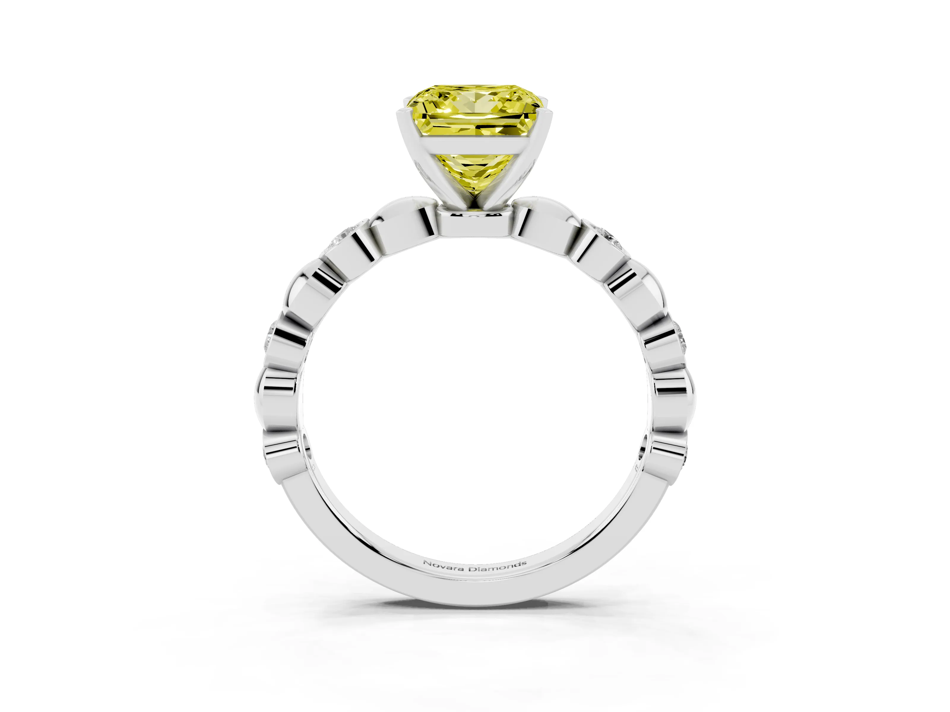 Fancy Yellow Princess Cut Diamond Solitaire Ring Set in Platinum with Bezel-Set Accents on Beaded Band and Prong Setting