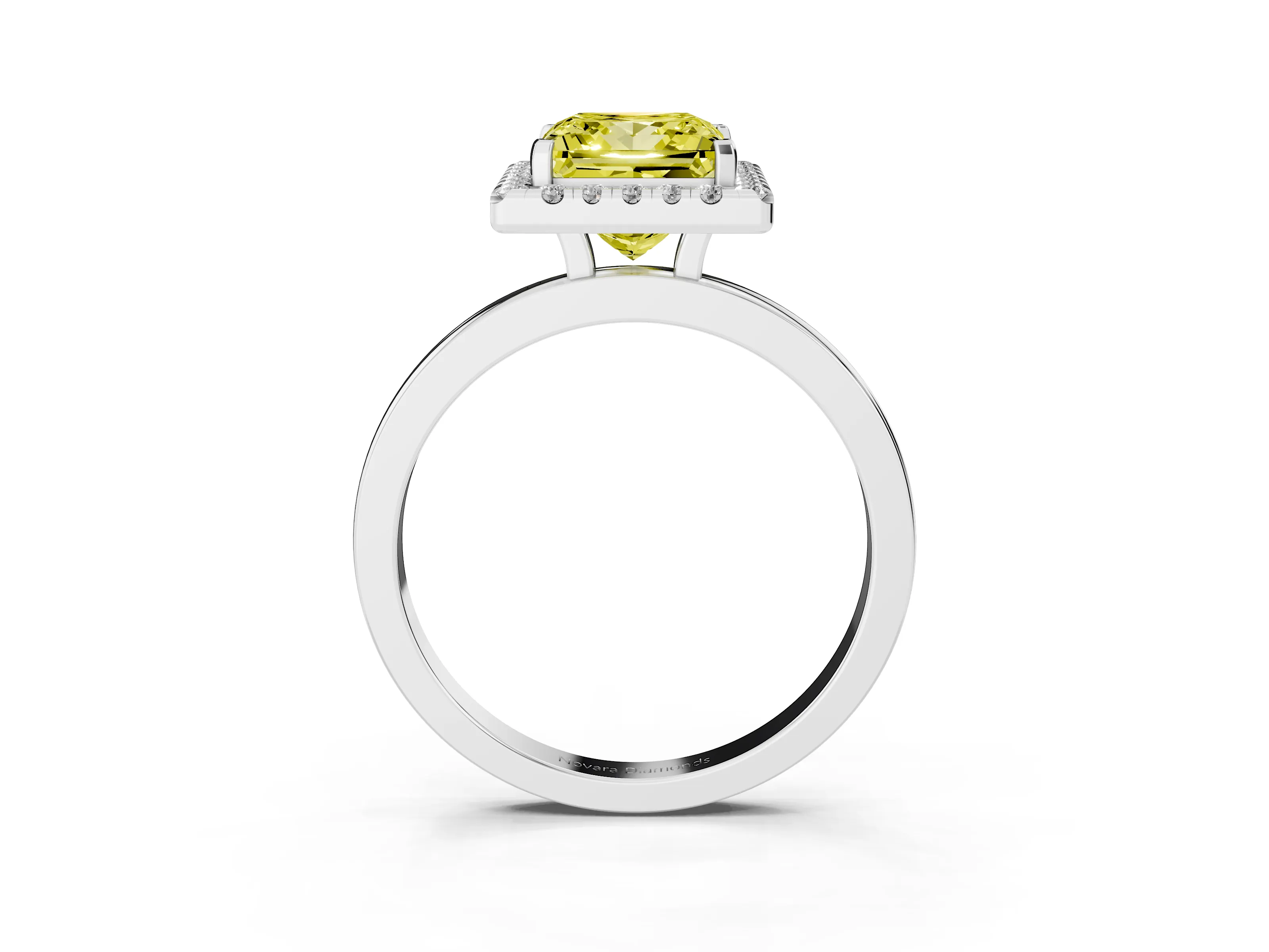 Fancy Yellow Princess Cut Diamond Halo Solitaire Ring Set in White gold with Pavé Band and Prong Setting
