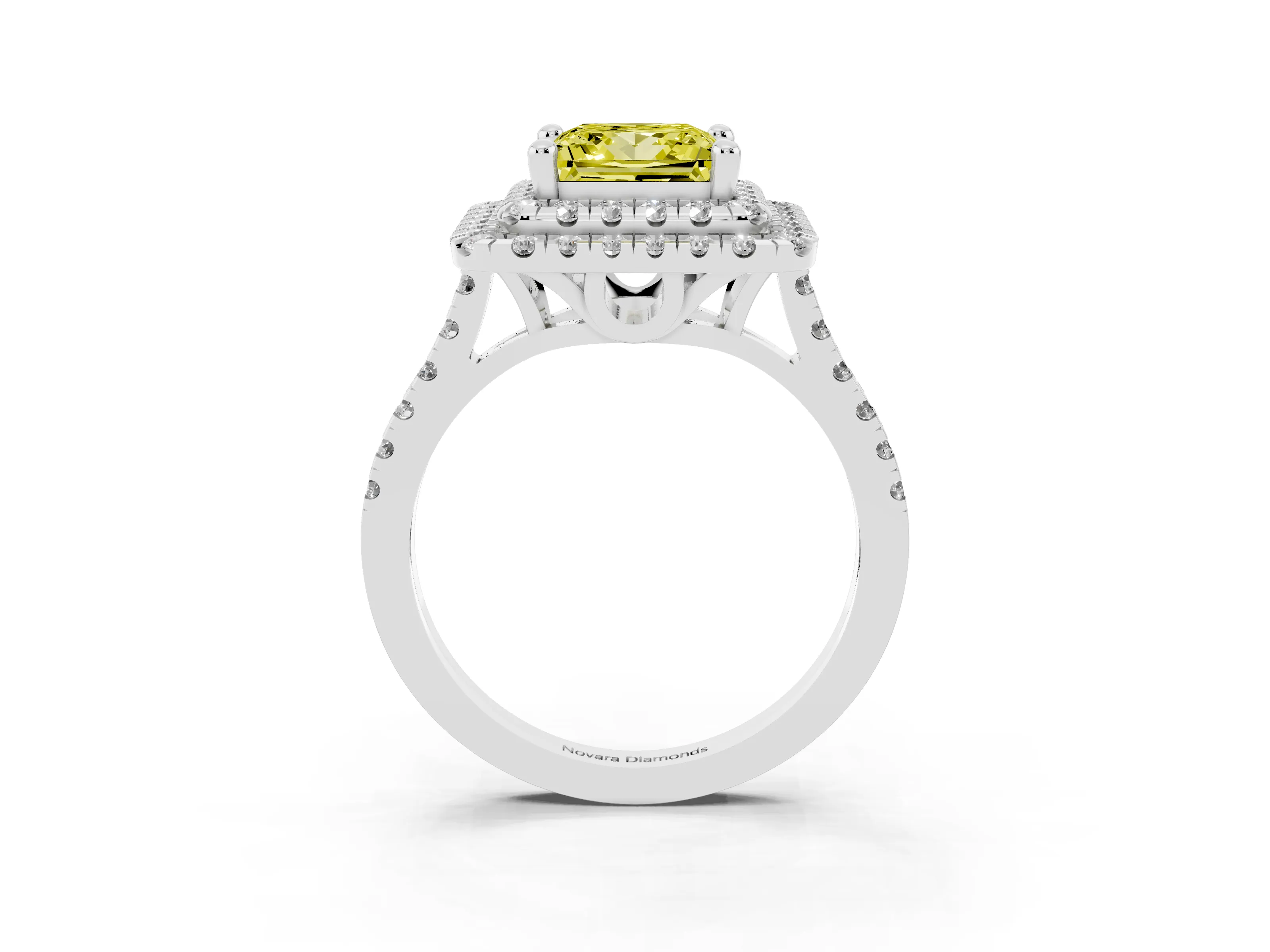 Fancy Yellow Princess Cut Diamond Double Halo Statement Ring Set in White gold with Pavé Band