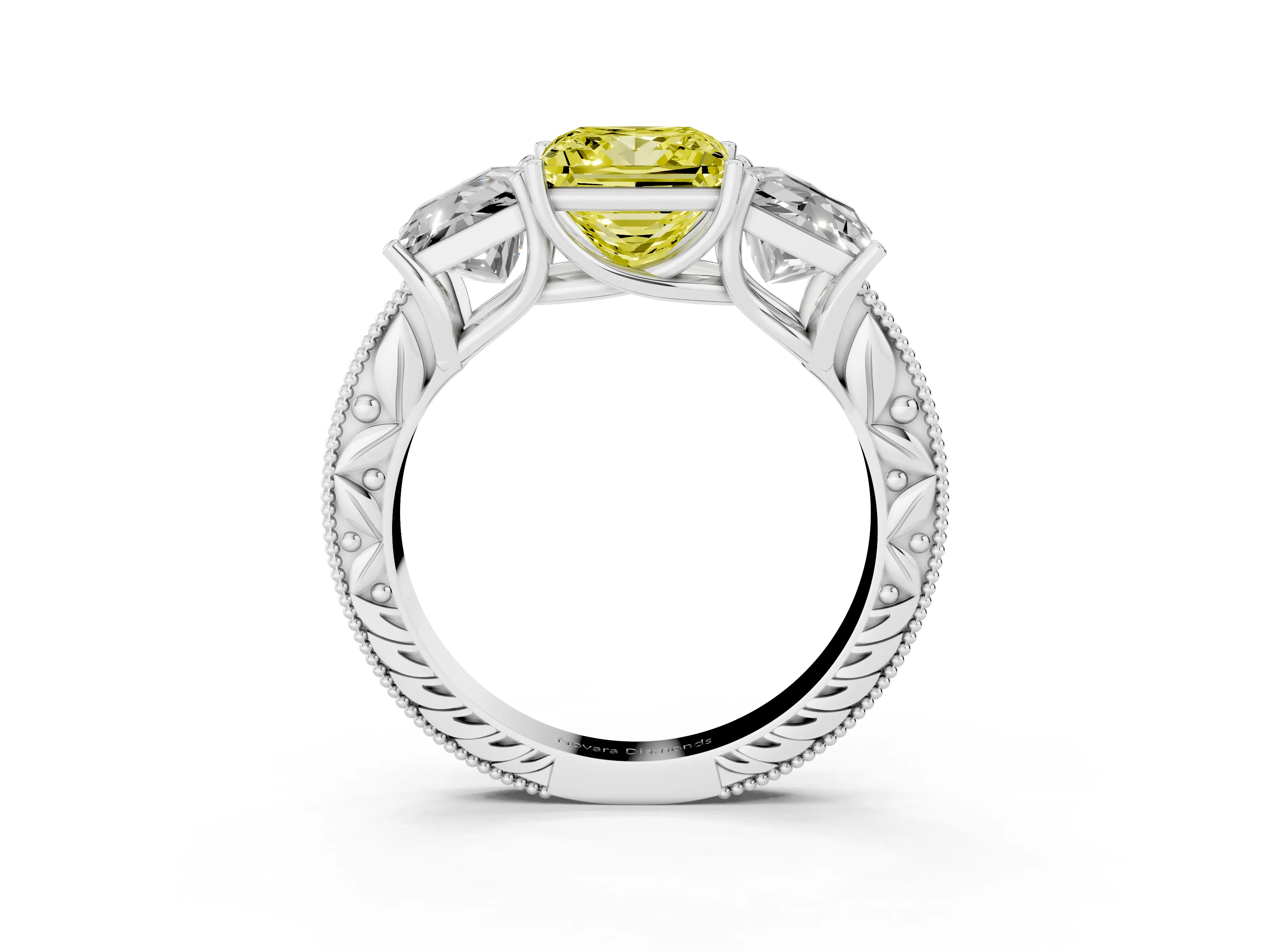Fancy Yellow Princess Cut Diamond Three-Stone Engagement Ring Set in White gold with Milgrain Pavé Band