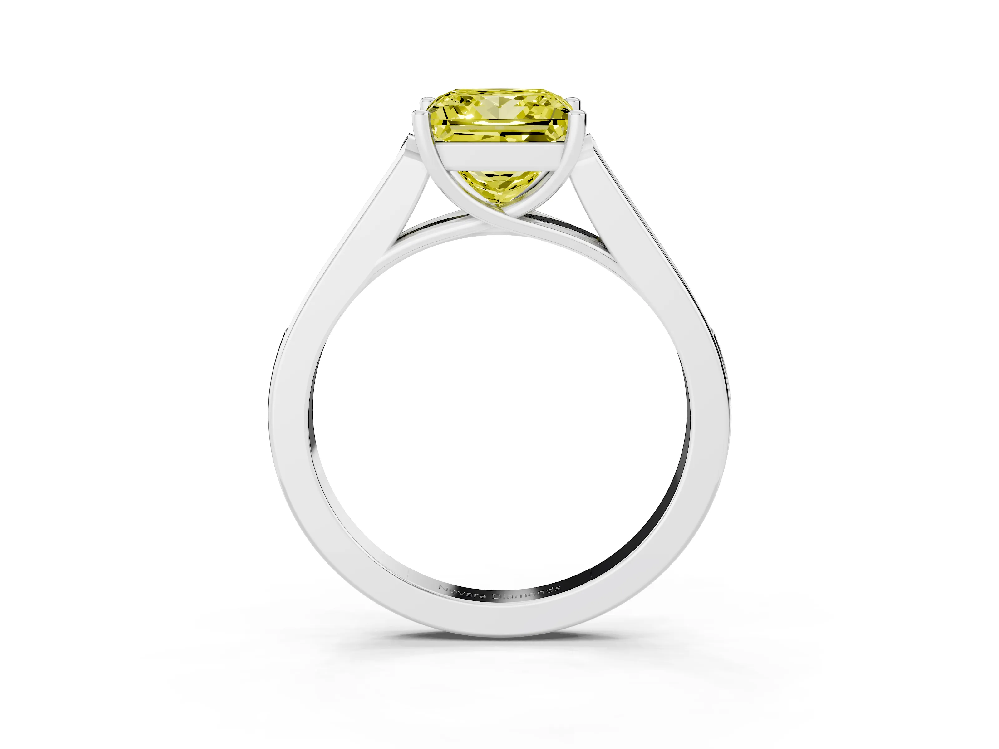 Fancy Yellow Princess Cut Diamond Solitaire Cathedral Engagement Ring Set in Platinum with Channel-Set Band and Prong Setting