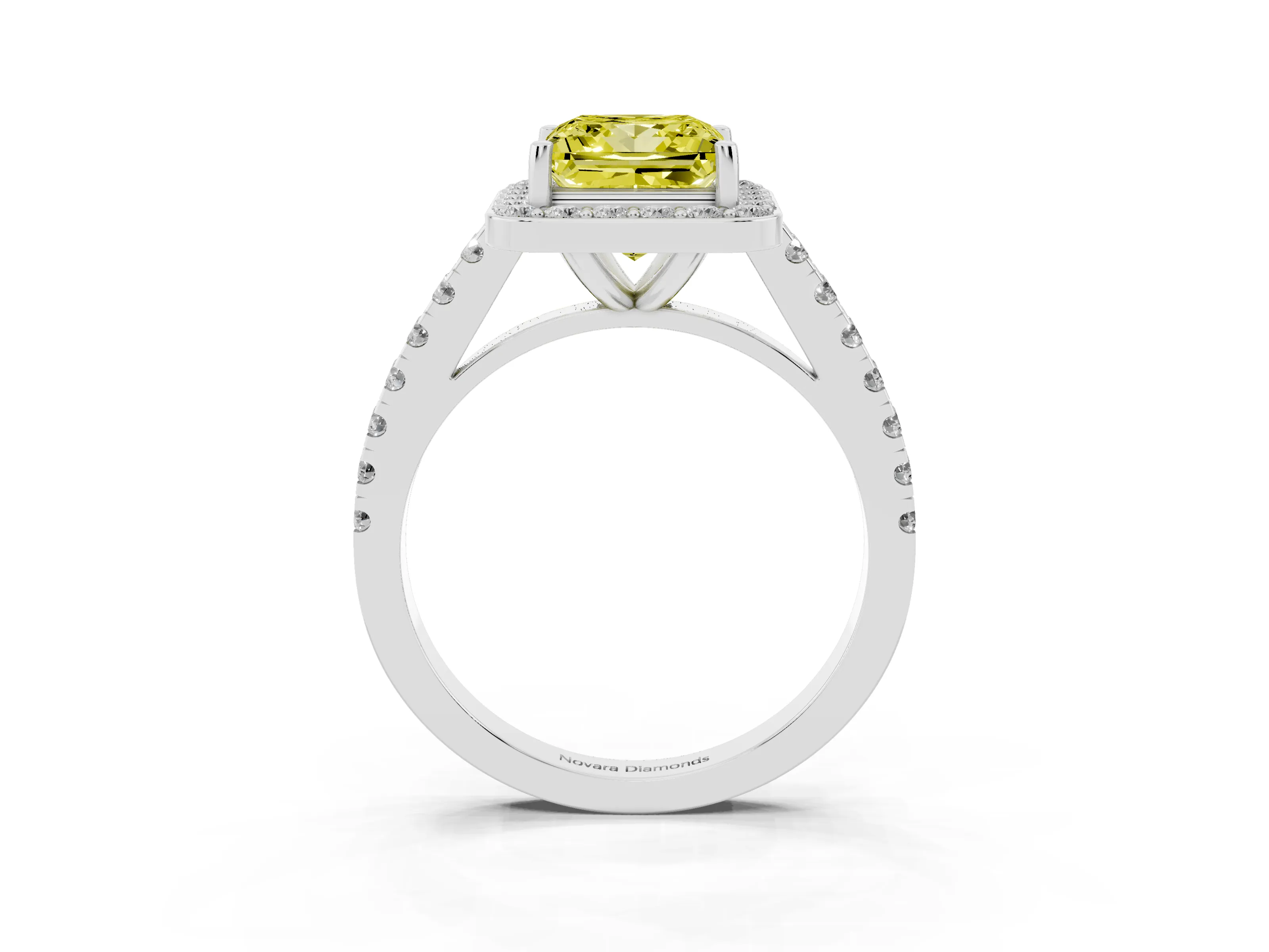 Fancy Yellow Princess Cut Diamond Halo Ring Set in White gold with Round Pavé Split Shank and Prong Setting