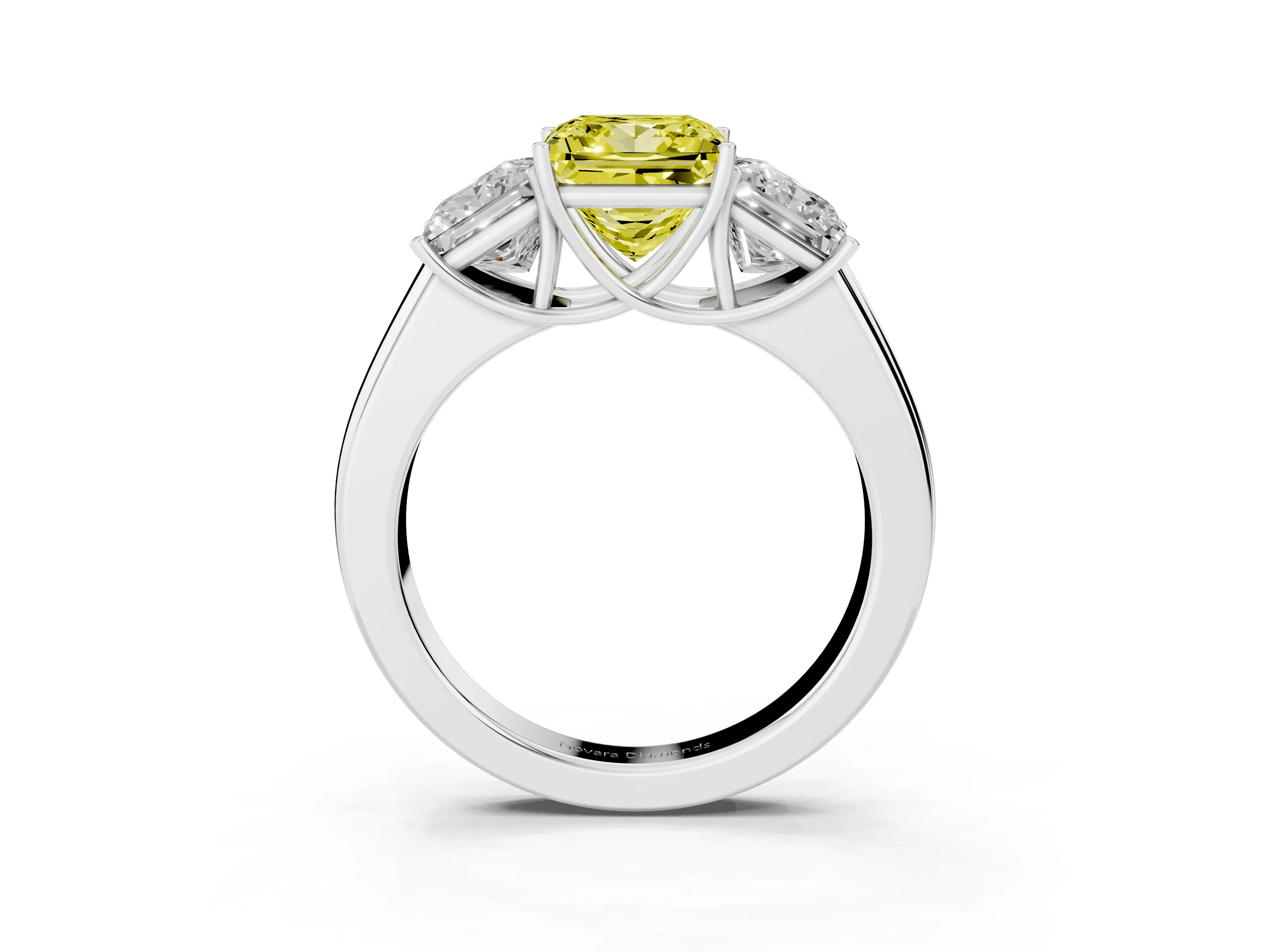 Fancy Yellow Three-Stone Princess Cut Diamond Ring Set in Platinum with Matching Prong Settings and Plain Band