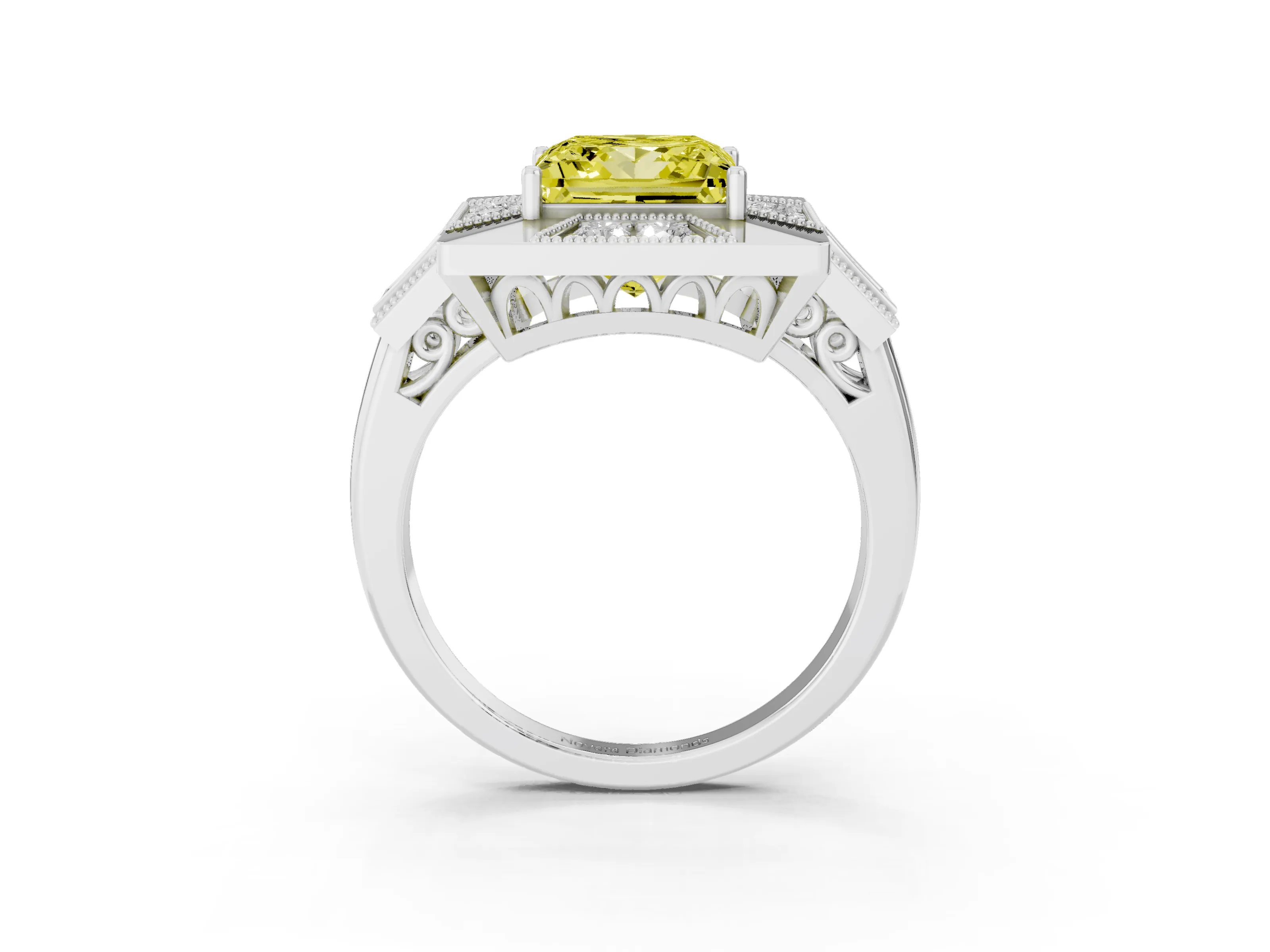 Fancy Yellow Princess Cut Diamond Milgrain Halo Ring Set in Silver with Split Shank