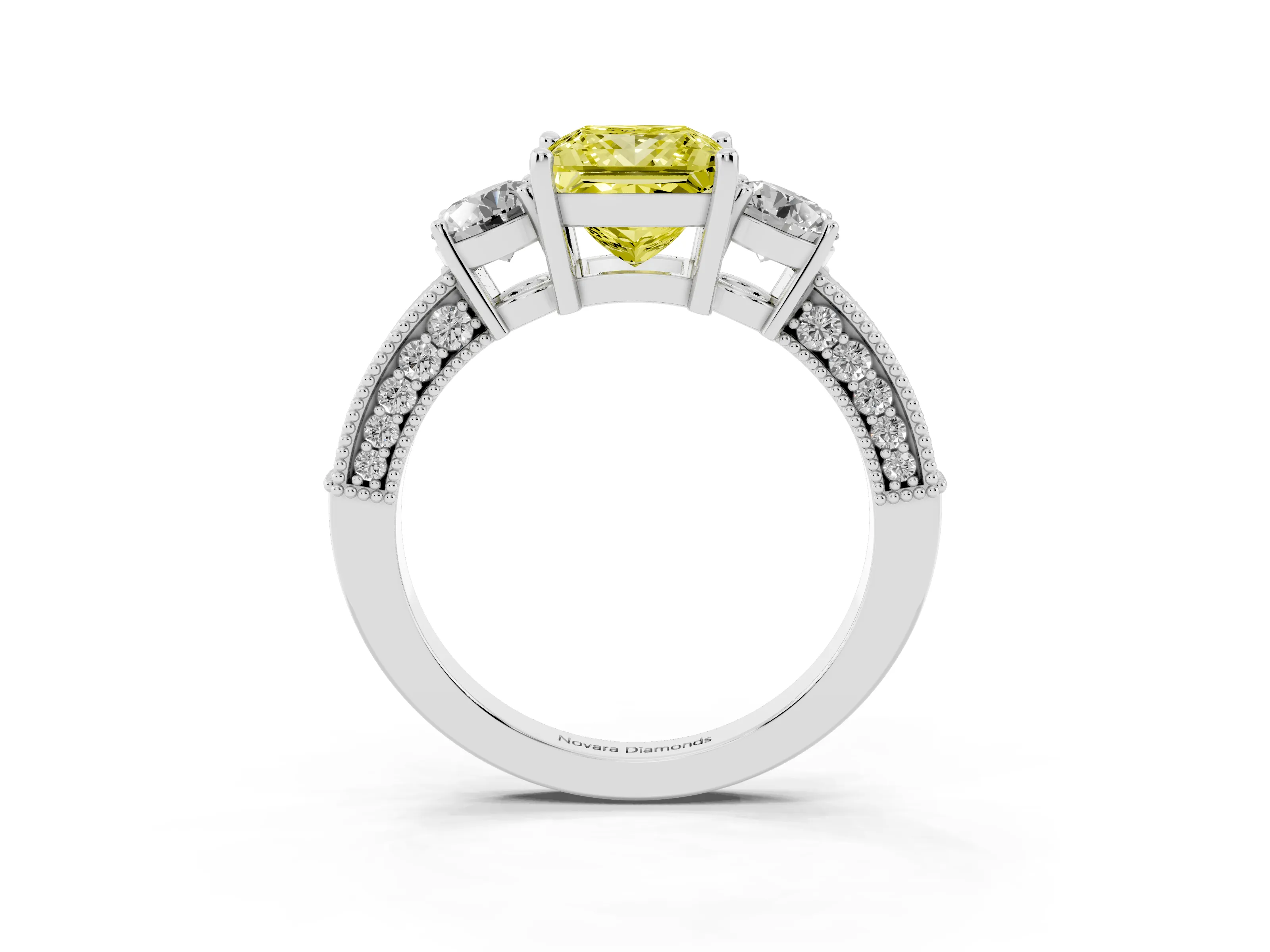 Fancy Yellow Princess Cut Diamond Three-Stone Ring Set in Platinum with Round Side Stones and Pavé Band