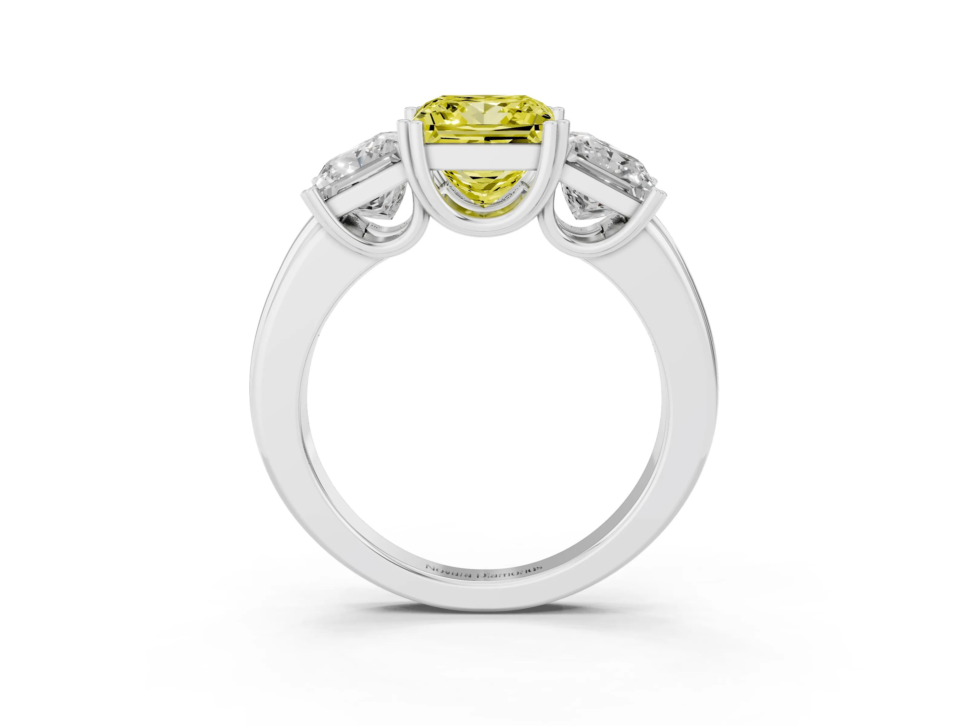 Fancy Yellow Princess Cut Diamond Three-Stone Ring Set in White gold with Polished Channel-Set Band