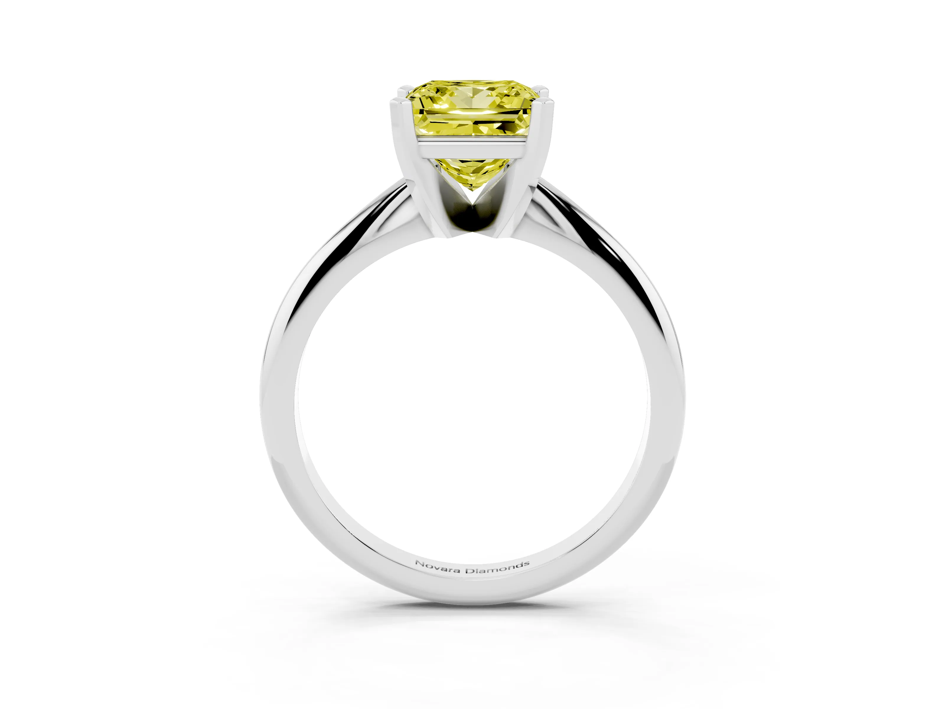 Fancy Yellow Princess Cut Diamond Solitaire Ring Set in White gold with Prong Setting on a Plain Round Band