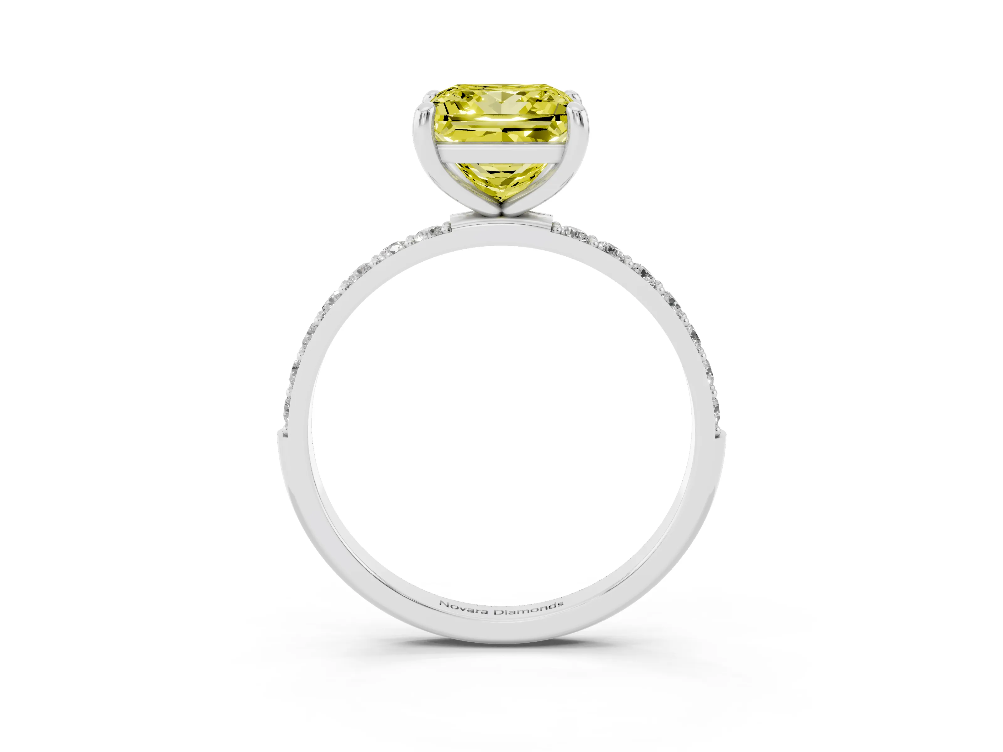 Fancy Yellow Princess Cut Diamond Solitaire Ring Set in White gold with Round Pavé Band and Prong Setting