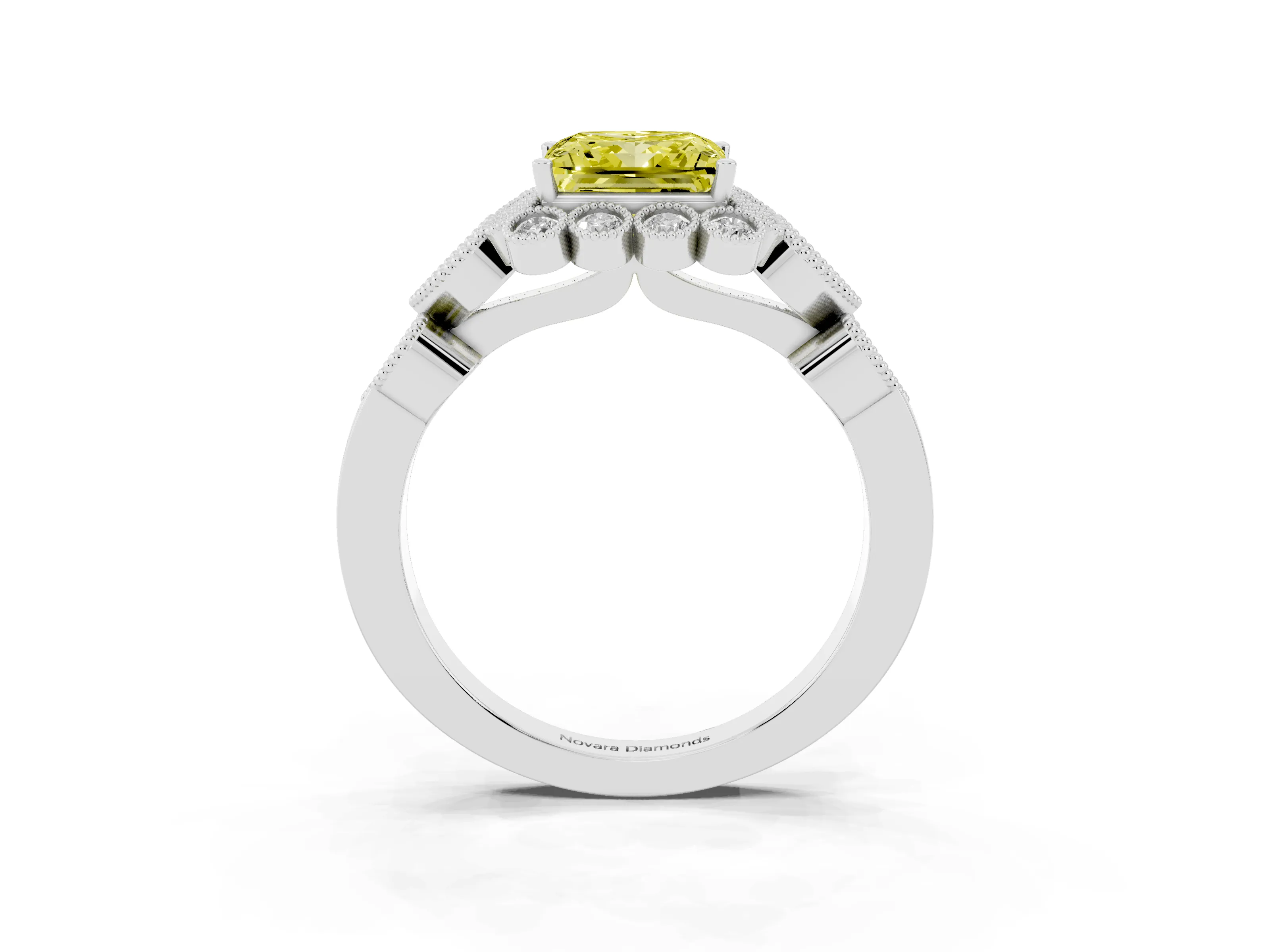 Fancy Yellow Princess Cut Diamond Solitaire Ring Set in Silver with Milgrain Pavé Heart Band