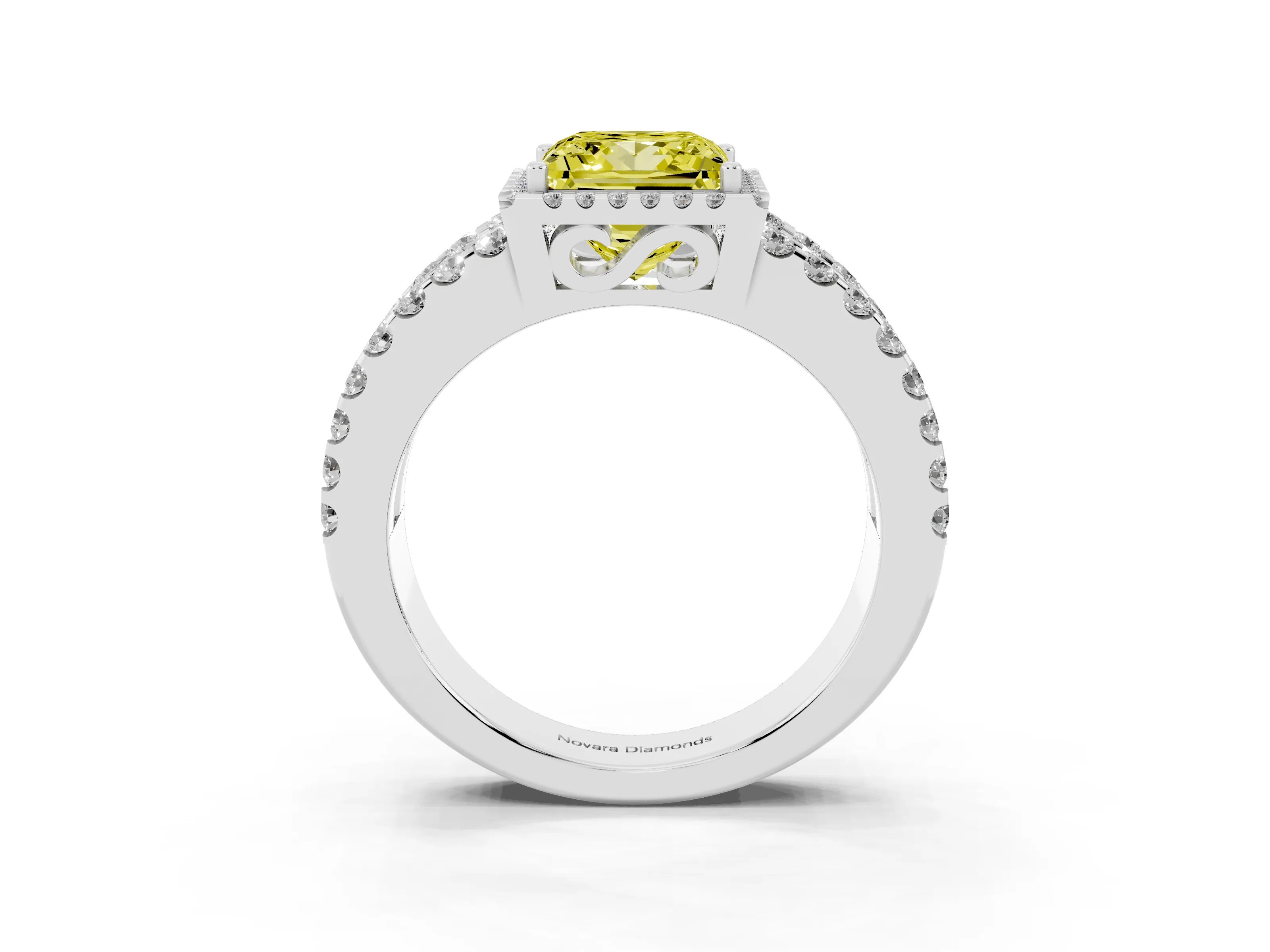 Fancy Yellow Princess Cut Diamond Halo Ring Set in Platinum with Pavé Split Shank and Prong Setting
