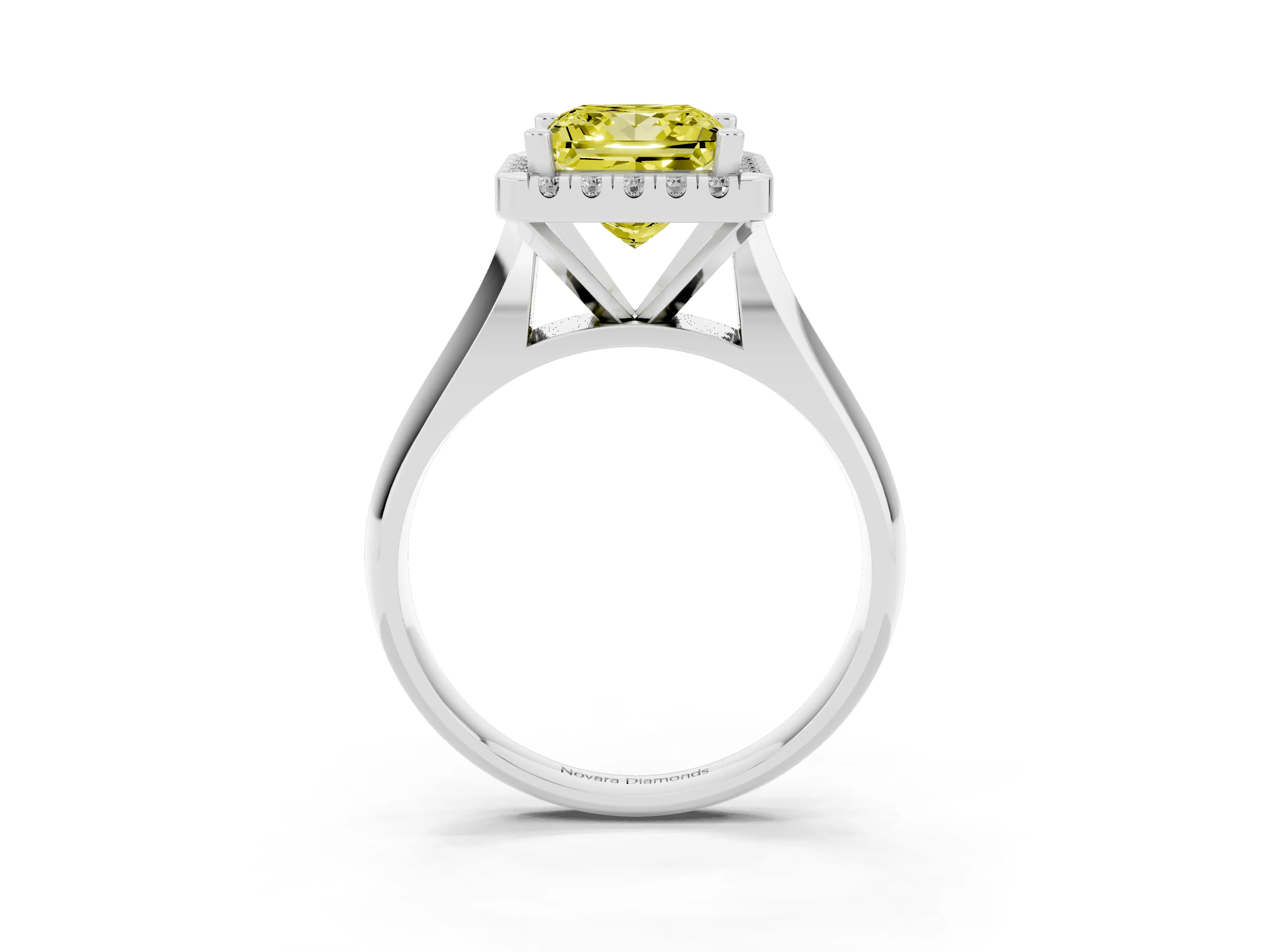 Fancy Yellow Princess Cut Diamond Halo Solitaire Engagement Ring Set in White gold with Square Band and Prong Setting