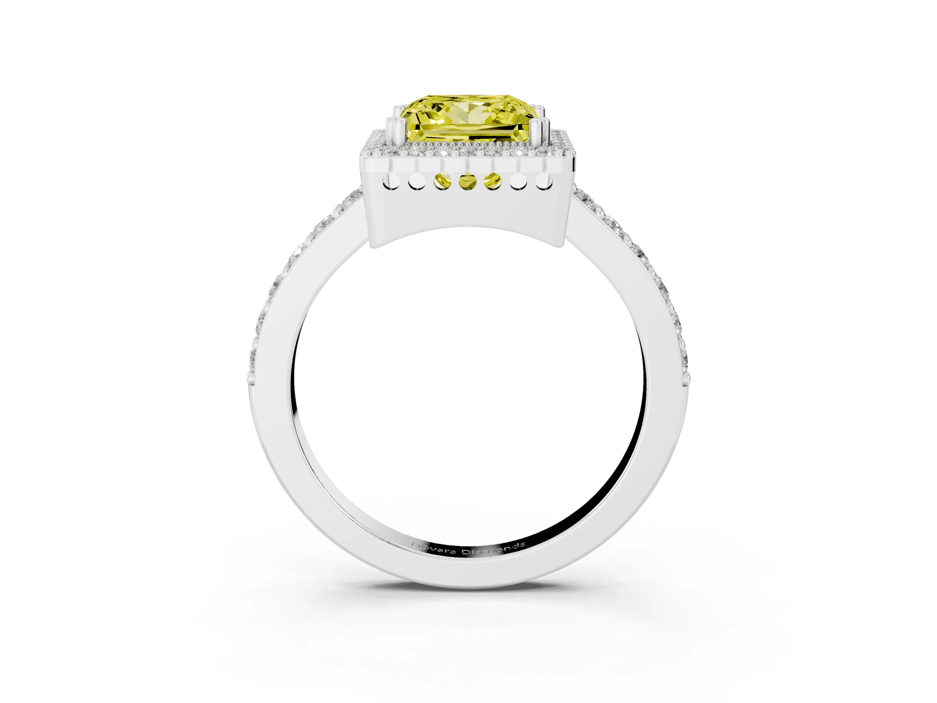 Fancy Yellow Princess Cut Diamond Halo Engagement Ring Set in White gold with Milgrain Detail and Pavé Band