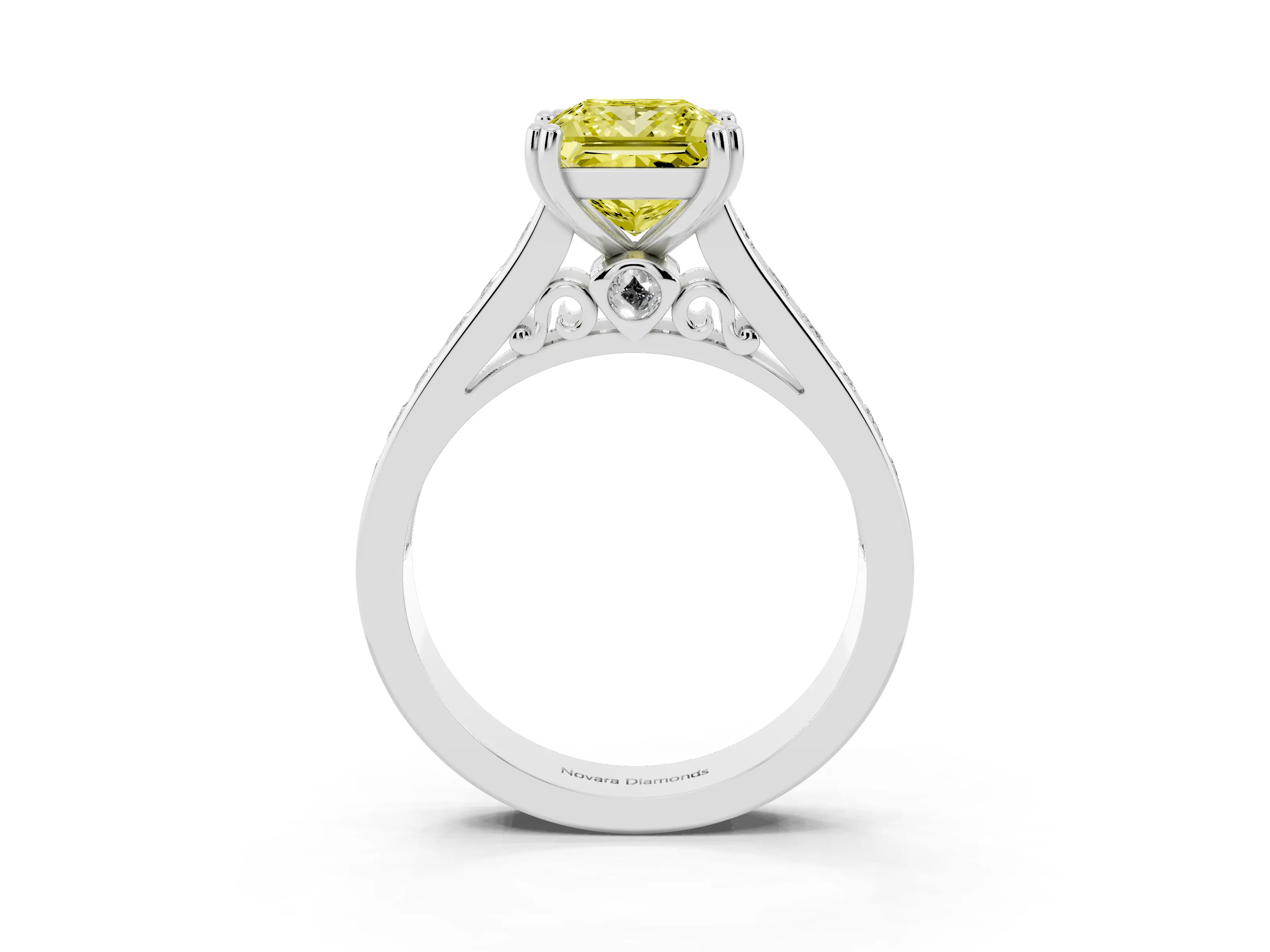 Fancy Yellow Princess Cut Diamond Channel Set Solitaire Engagement Ring Set in Platinum with Prong Setting