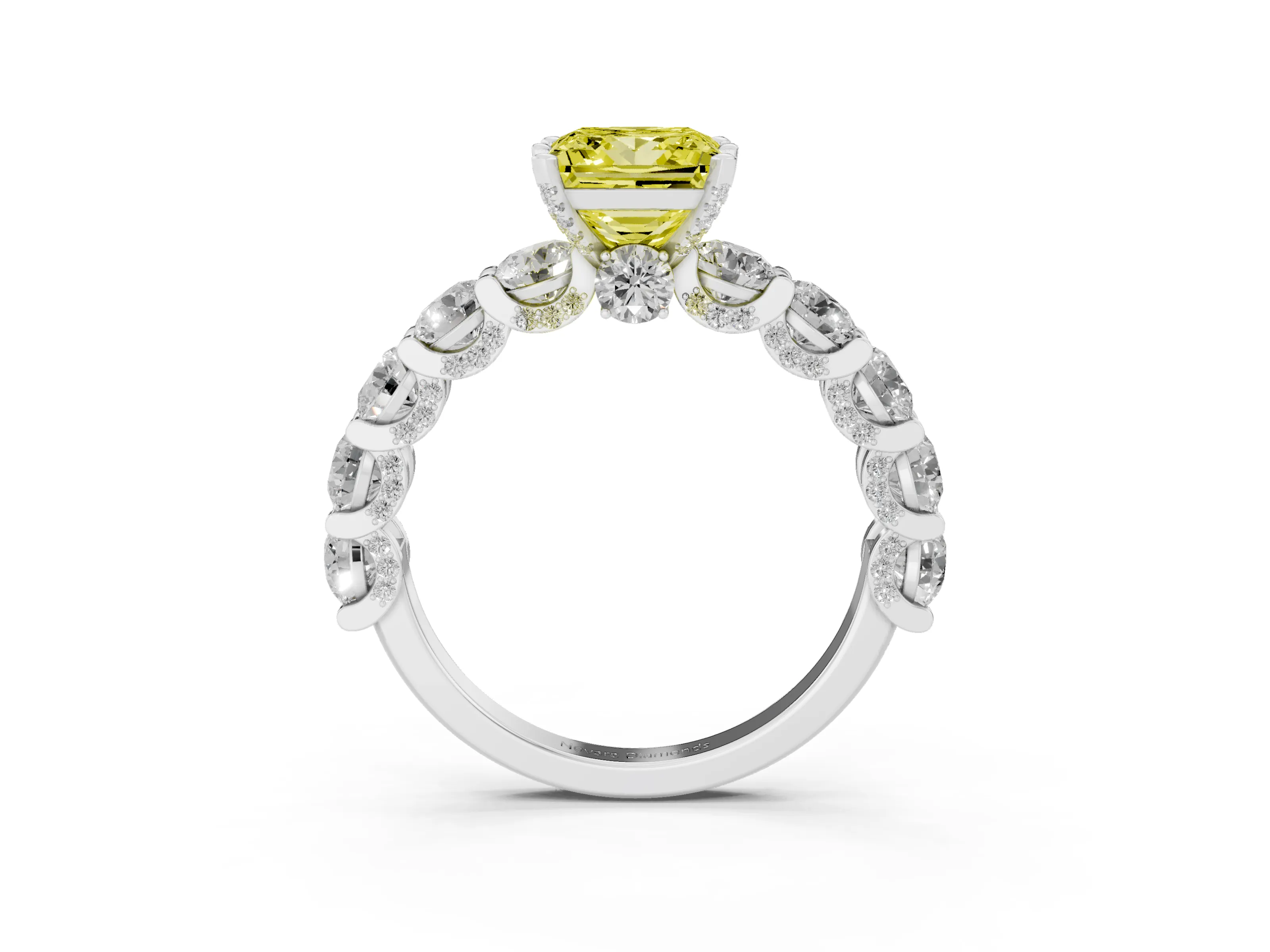 Fancy Yellow Princess Cut Diamond Side Stone Ring Set in Silver with Alternating Round and Oval Side Stones