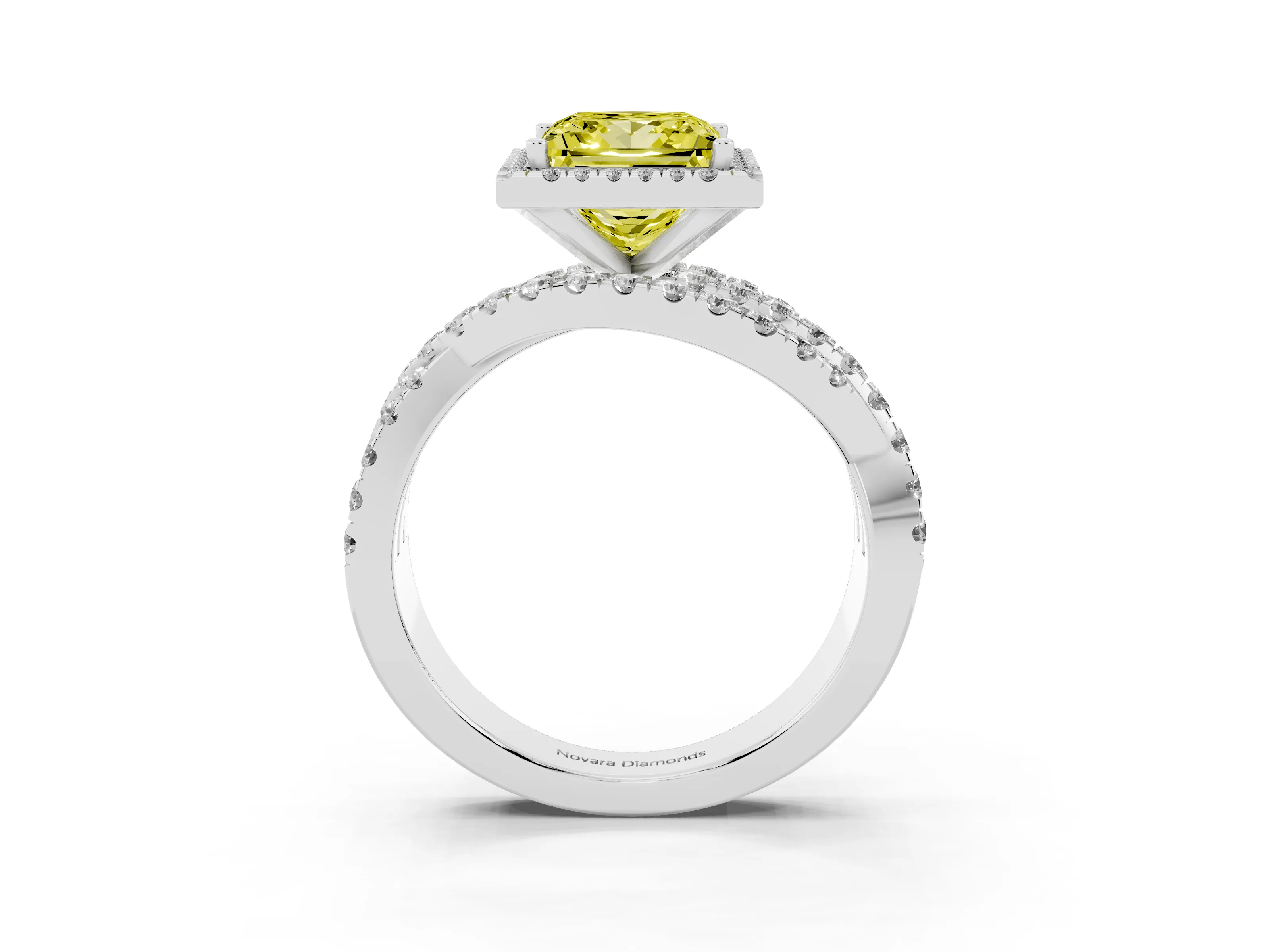 Fancy Yellow Princess Cut Diamond Halo Ring Set in Silver with Round Crossover Split Shank and Prong Setting