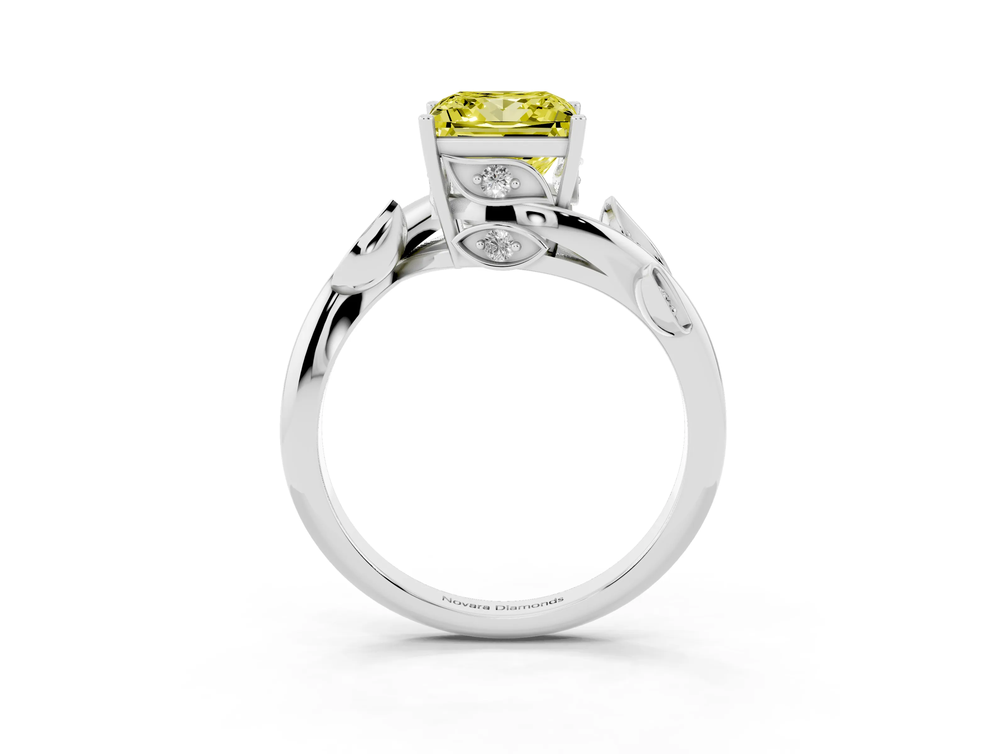 Fancy Yellow Princess Cut Diamond Solitaire Twist Engagement Ring Set in White gold with Pavé Leaf Accents