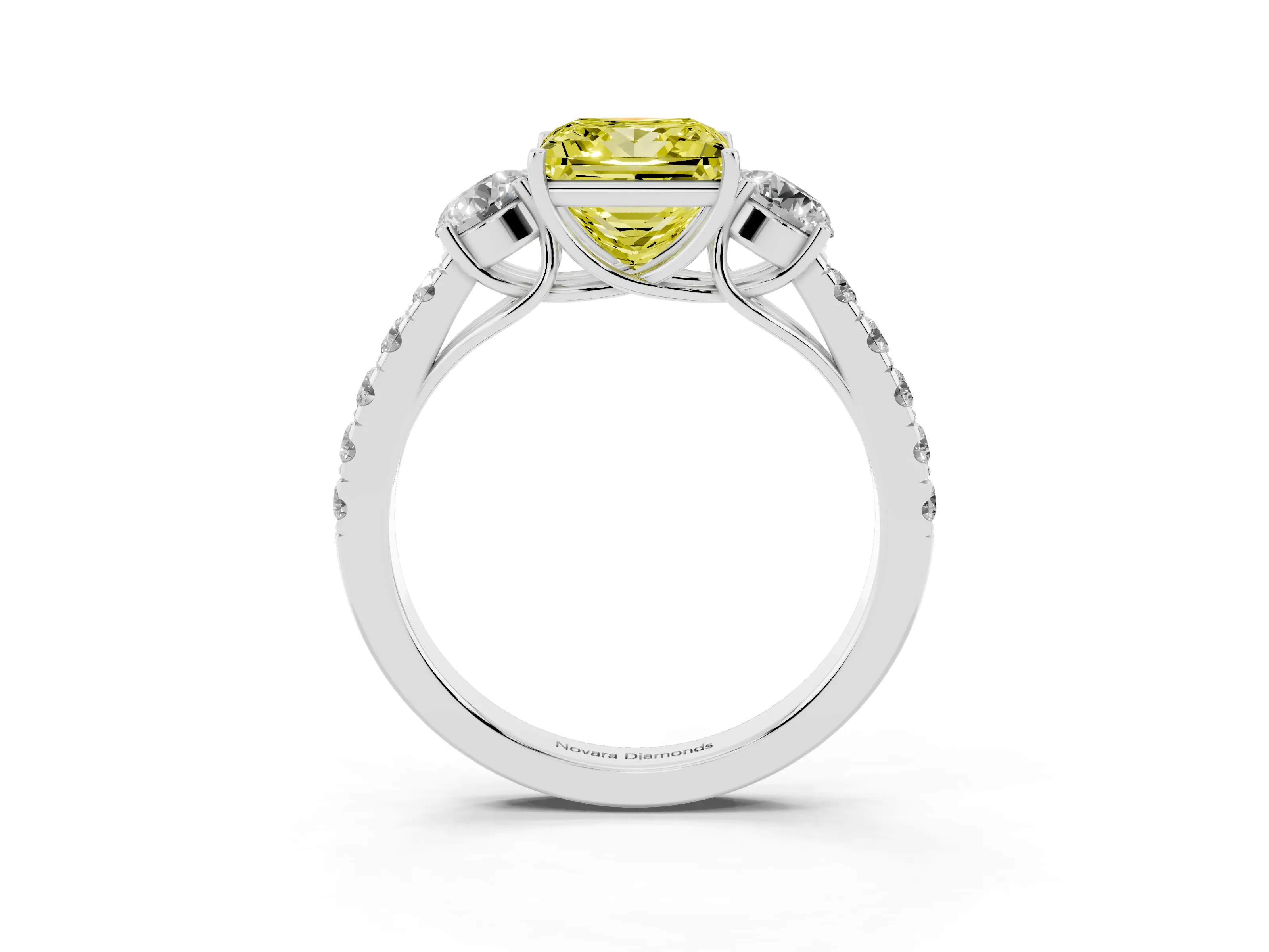 Fancy Yellow Princess Cut Diamond Three-Stone Ring Set in Silver with Round Side Stones and Delicate Pavé Band