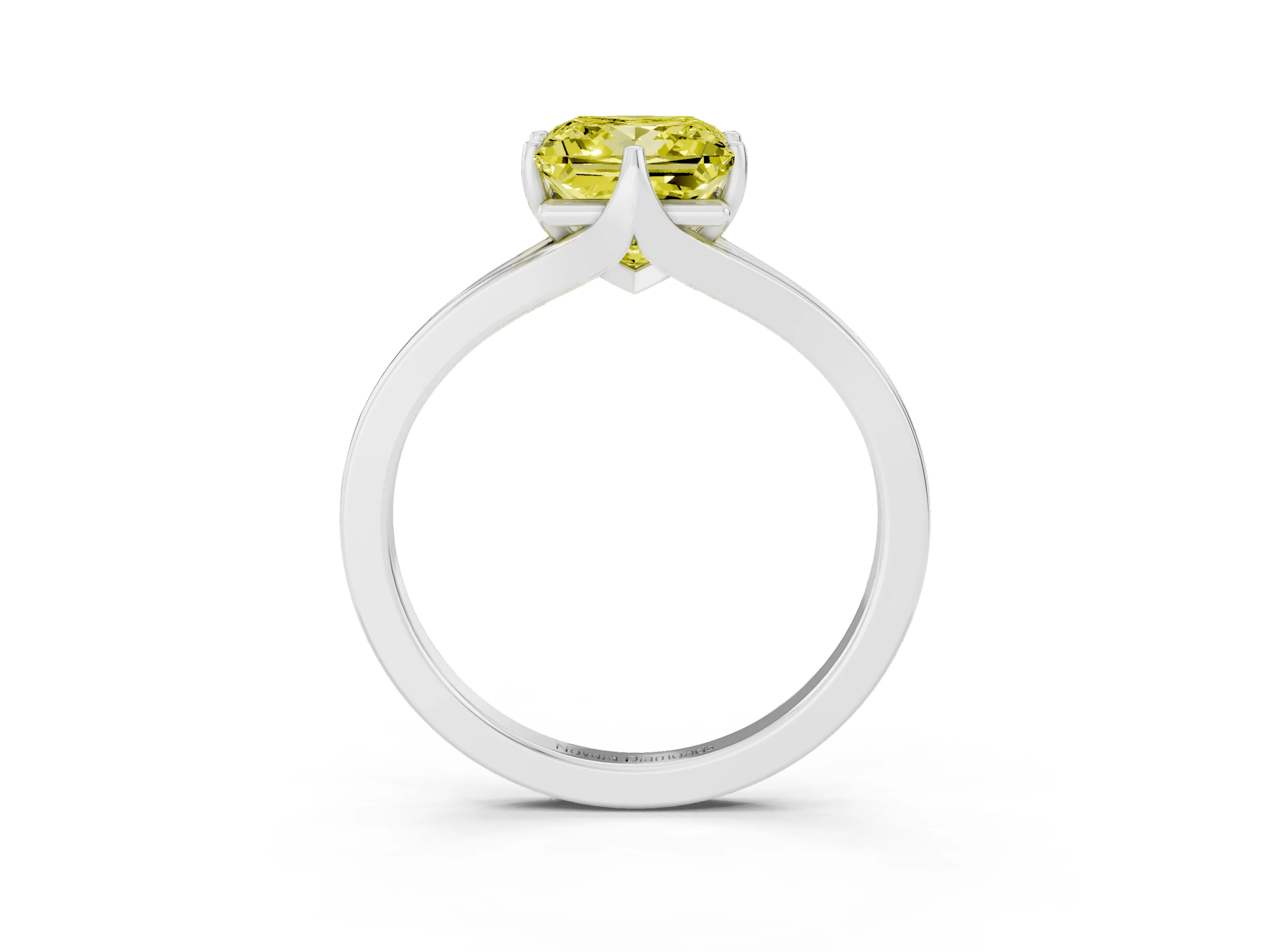 Fancy Yellow Princess Cut Diamond Solitaire Ring Set in White gold with Polished Tapered Band and Prong Setting