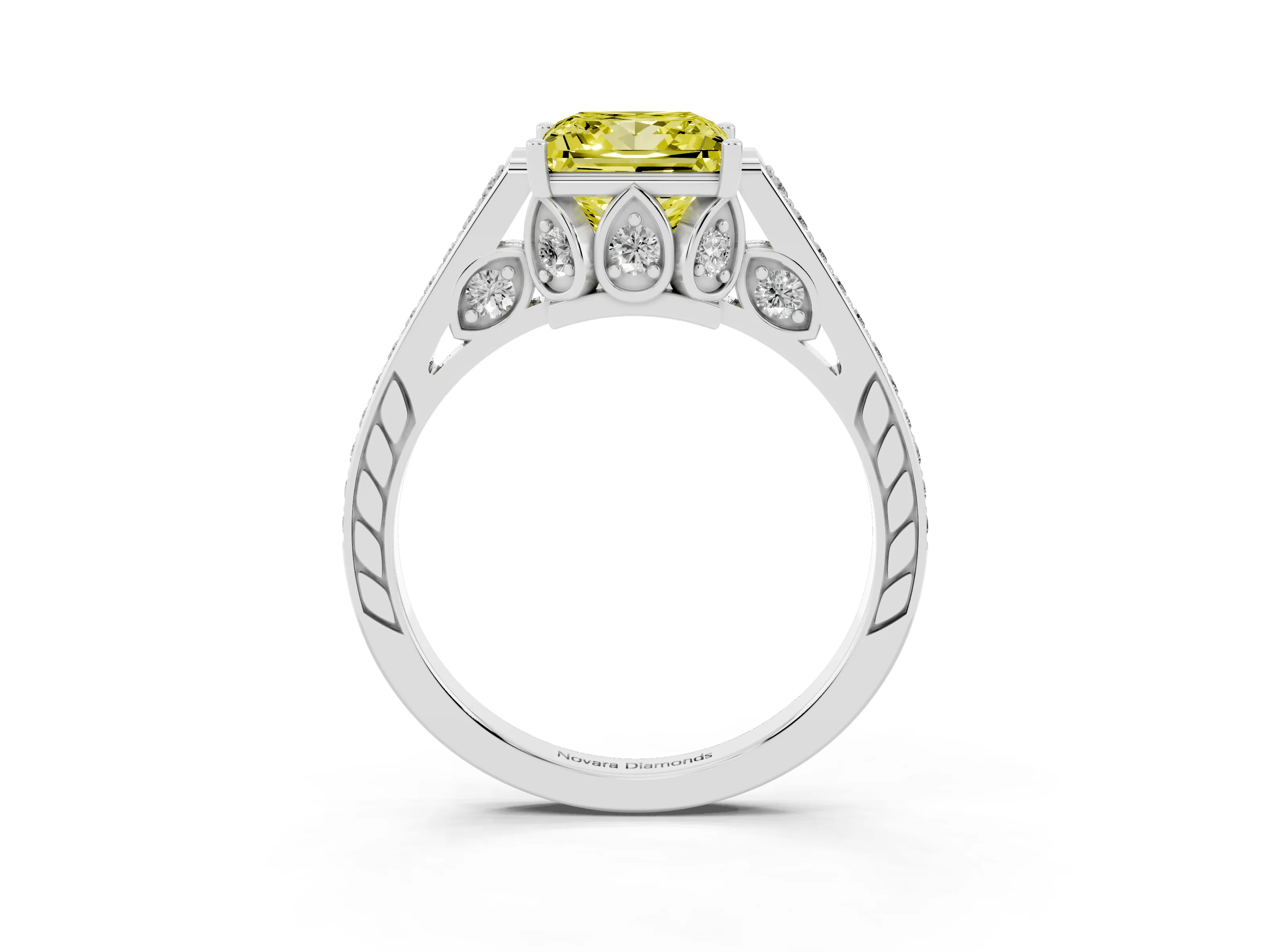 Fancy Yellow Princess Cut Diamond Cathedral Pavé Engagement Ring Set in White gold with Prong Setting