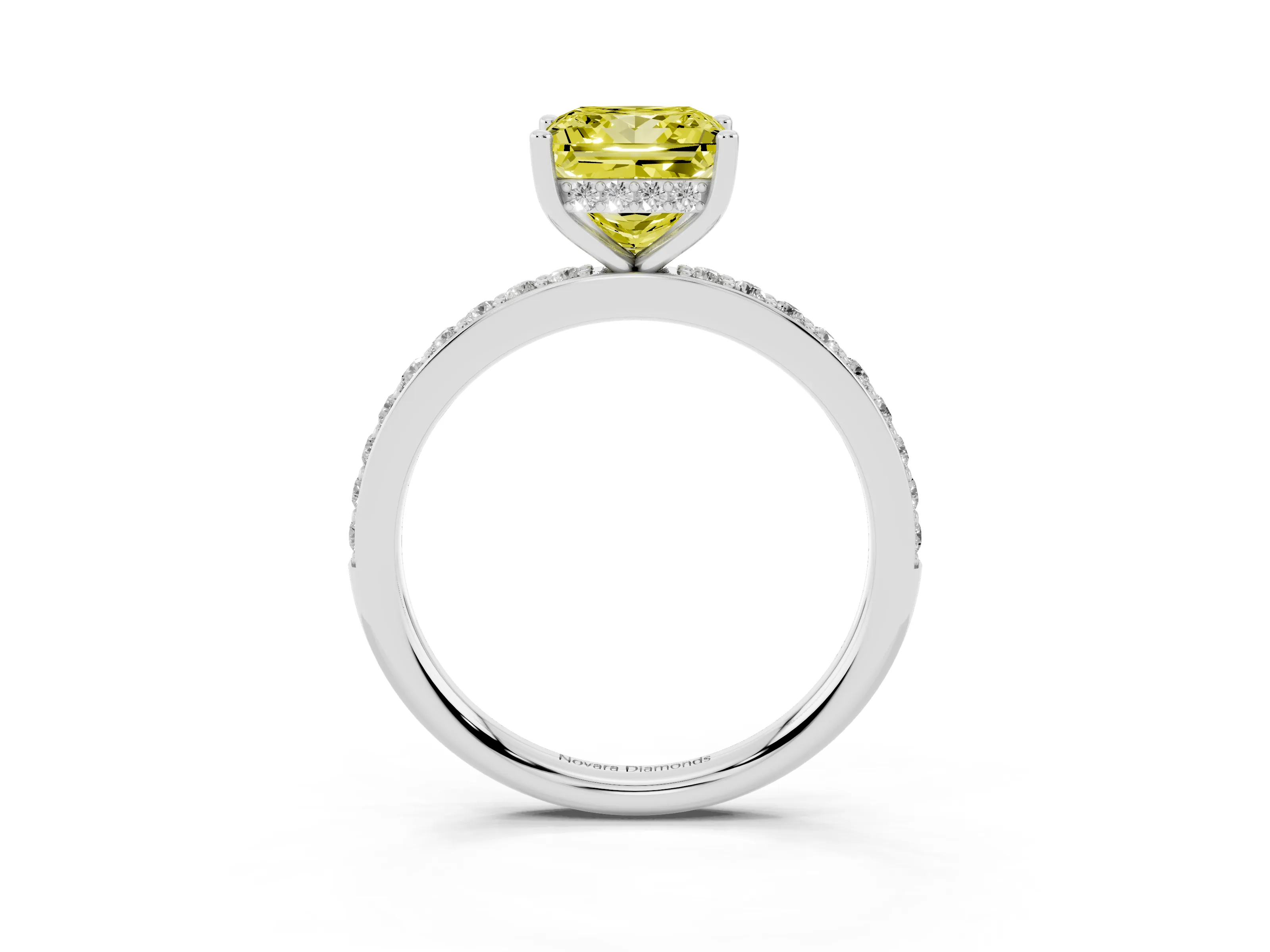 Fancy Yellow Princess Cut Diamond Pavé Band Ring Set in White gold with Prong-Set Center Stone