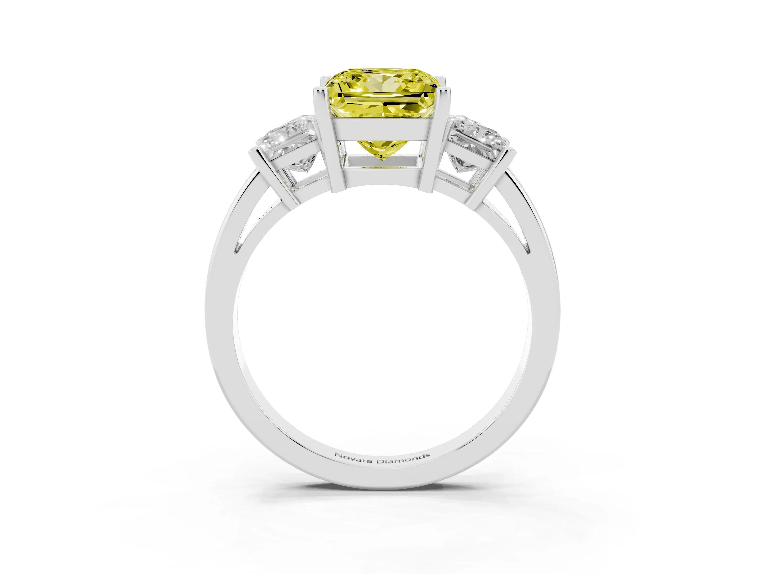 Fancy Yellow Three-Stone Princess Cut Diamond Solitaire Ring Set in Platinum with Prong Setting