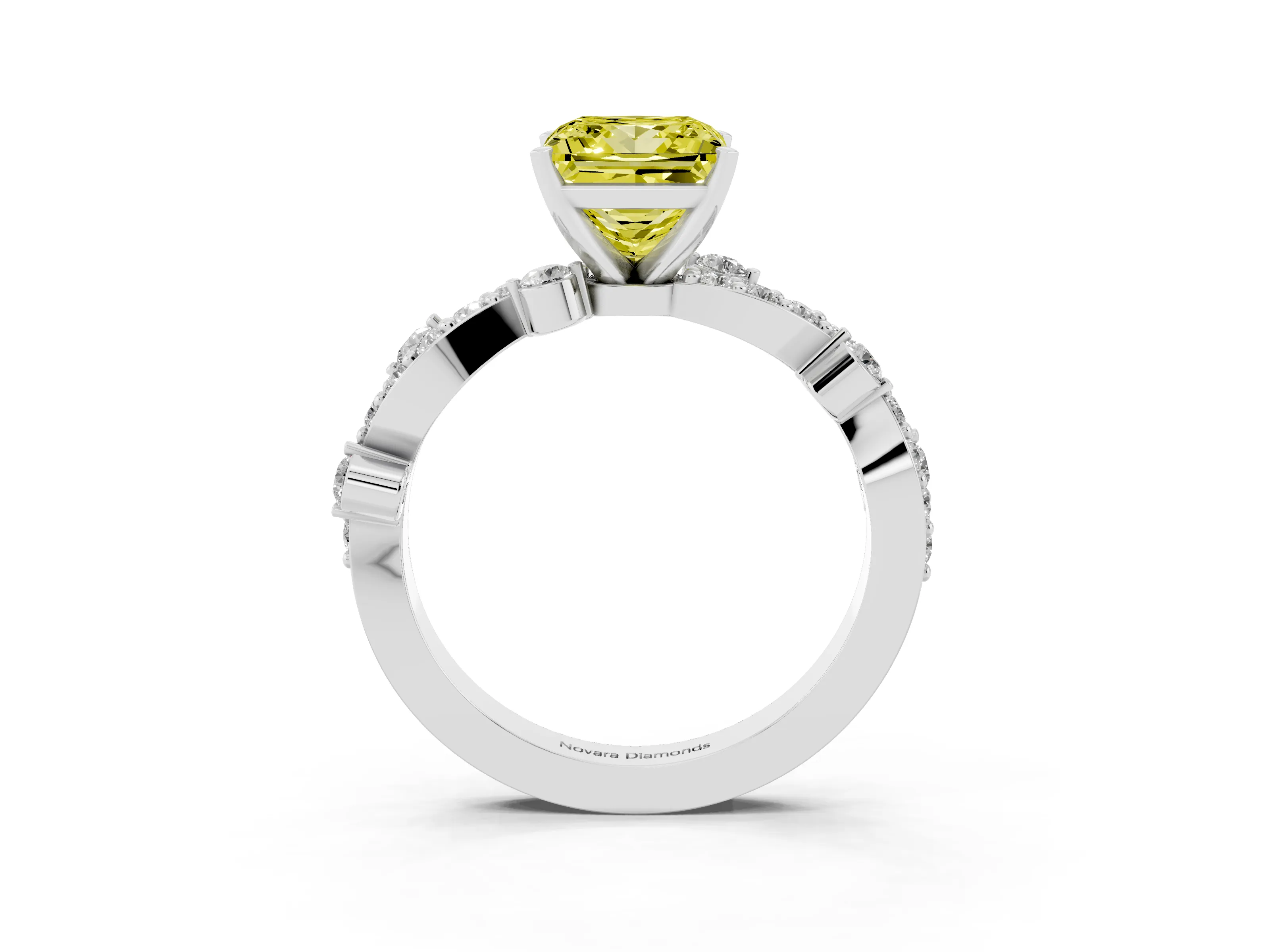 Fancy Yellow Princess Cut Diamond Solitaire Twisted Band Set in White gold with Pavé Setting