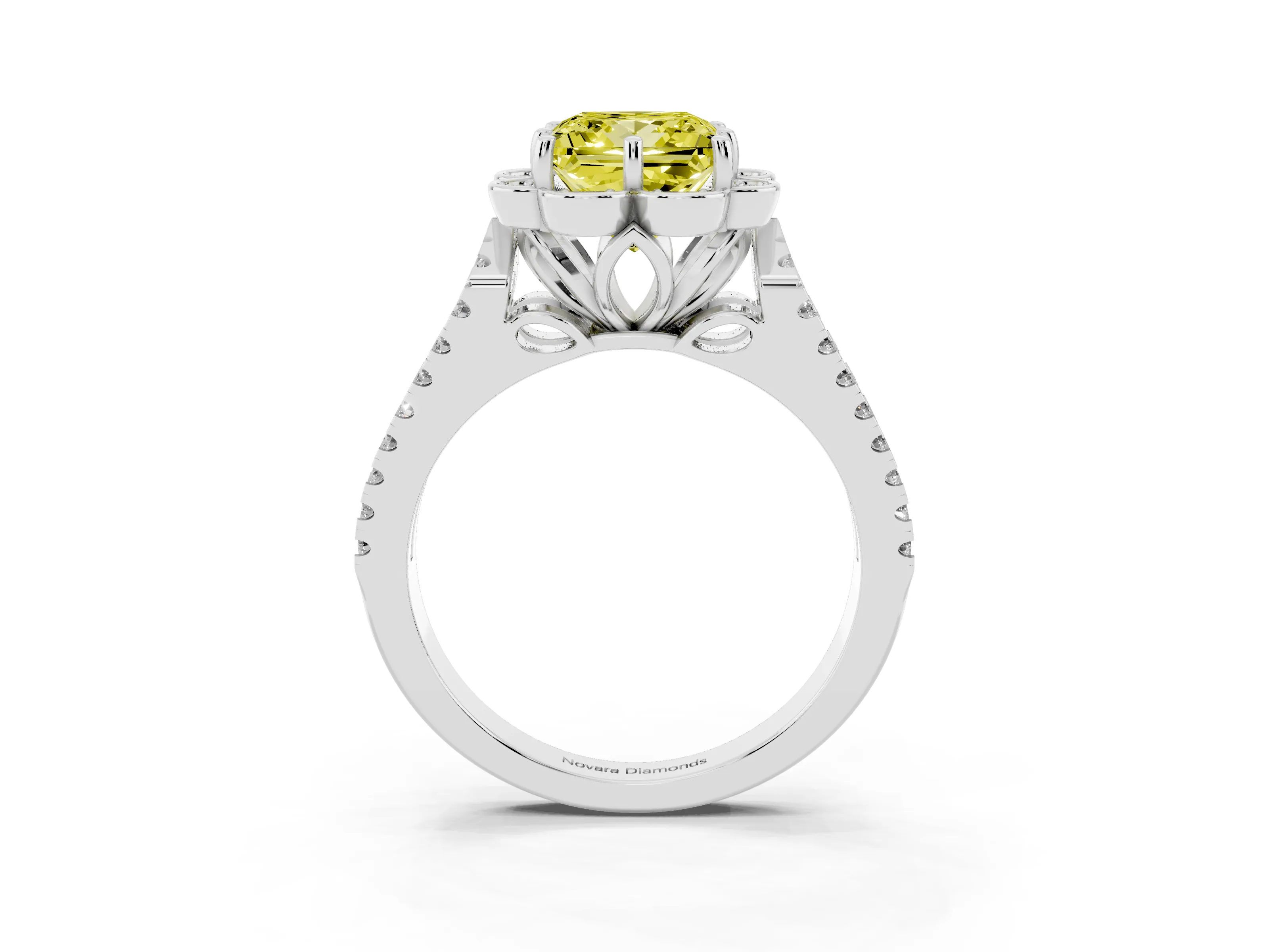 Fancy Yellow Princess Cut Diamond Floral Halo Split Shank Engagement Ring Set in Platinum with Pavé Shank