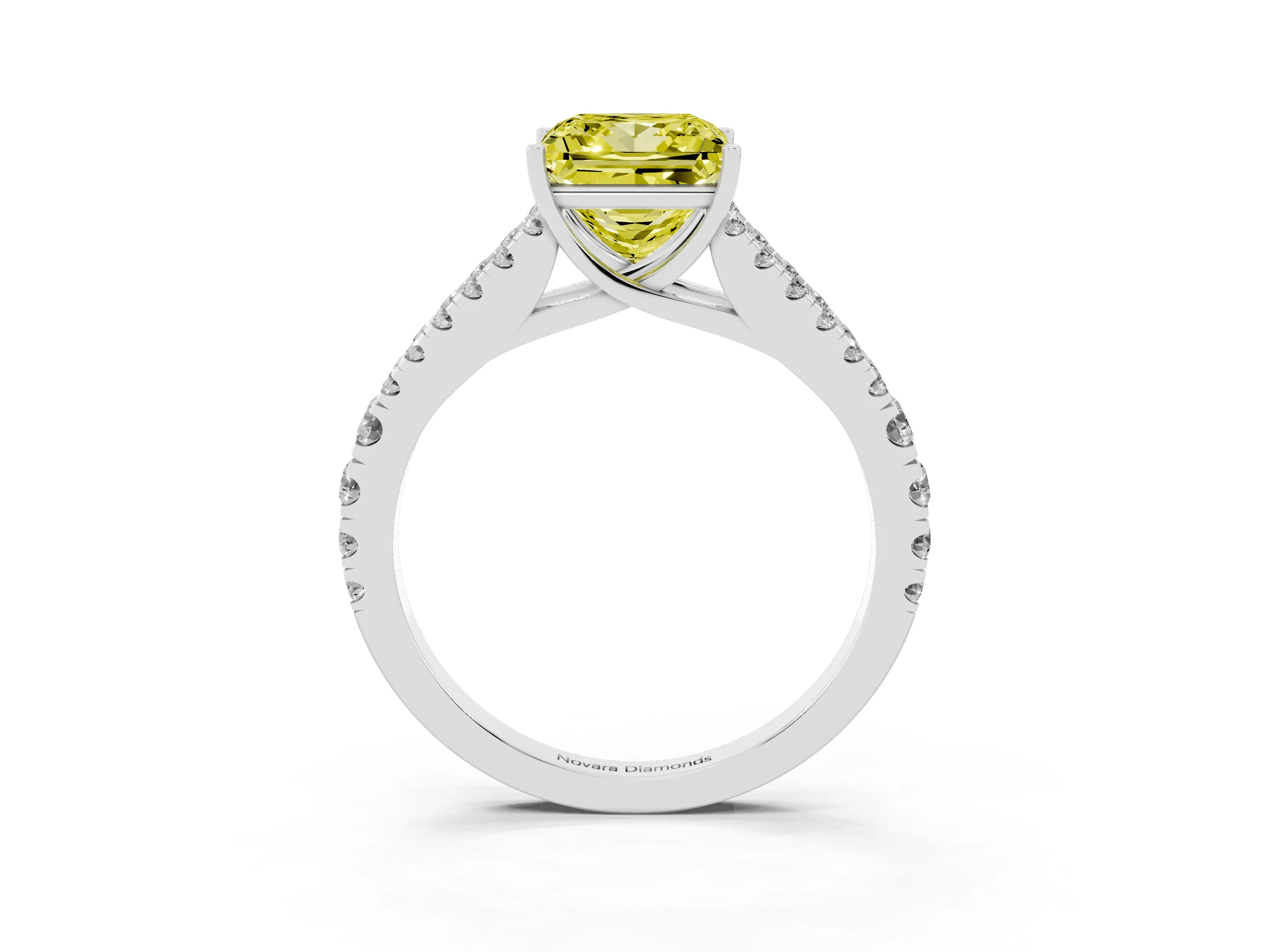 Fancy Yellow Princess Cut Diamond Split Shank Pavé Engagement Ring Set in Platinum with Prong-Held Center Stone