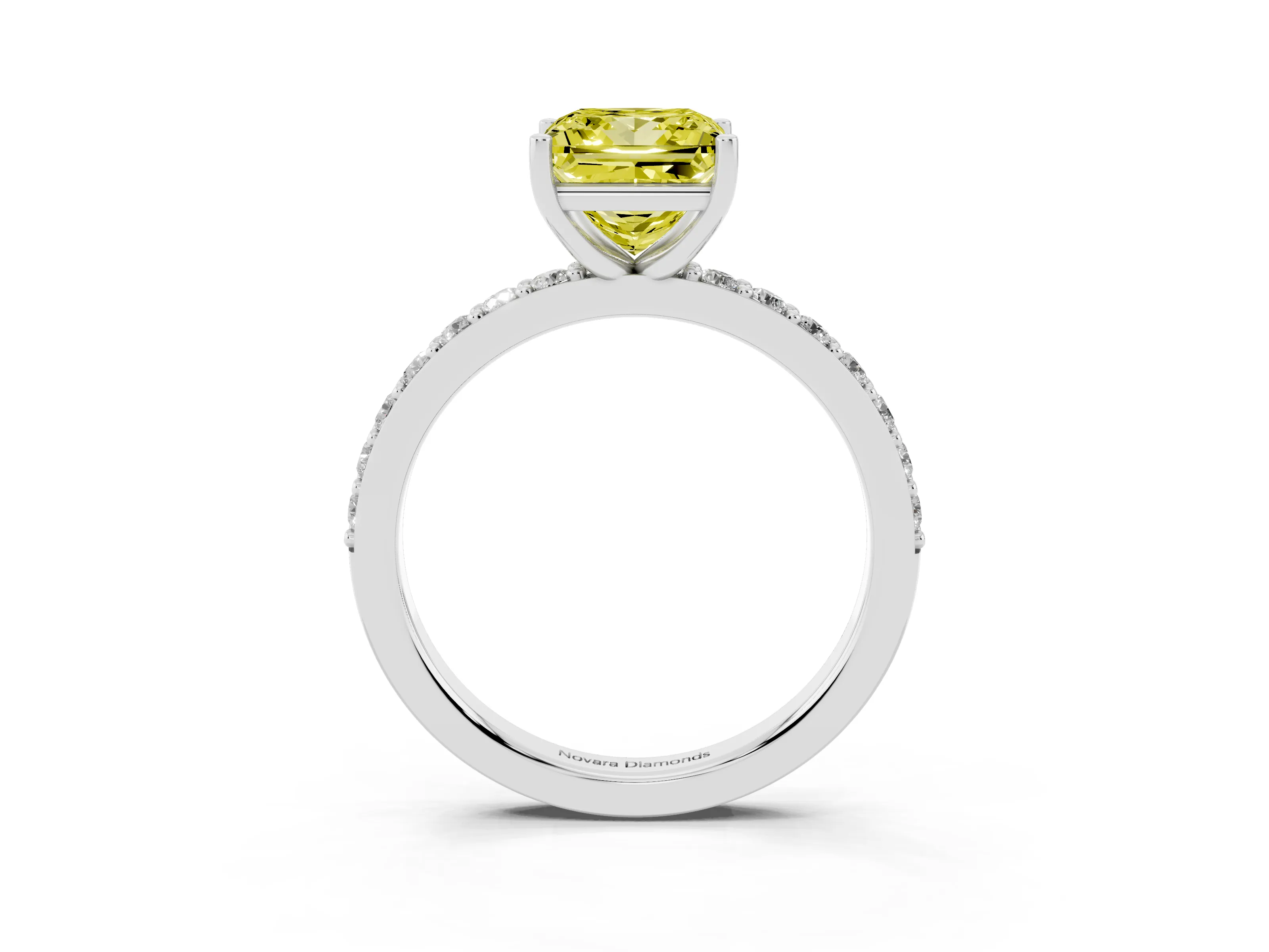 Fancy Yellow Princess Cut Diamond Solitaire Set in White gold with Round Pavé Band and Prong Setting