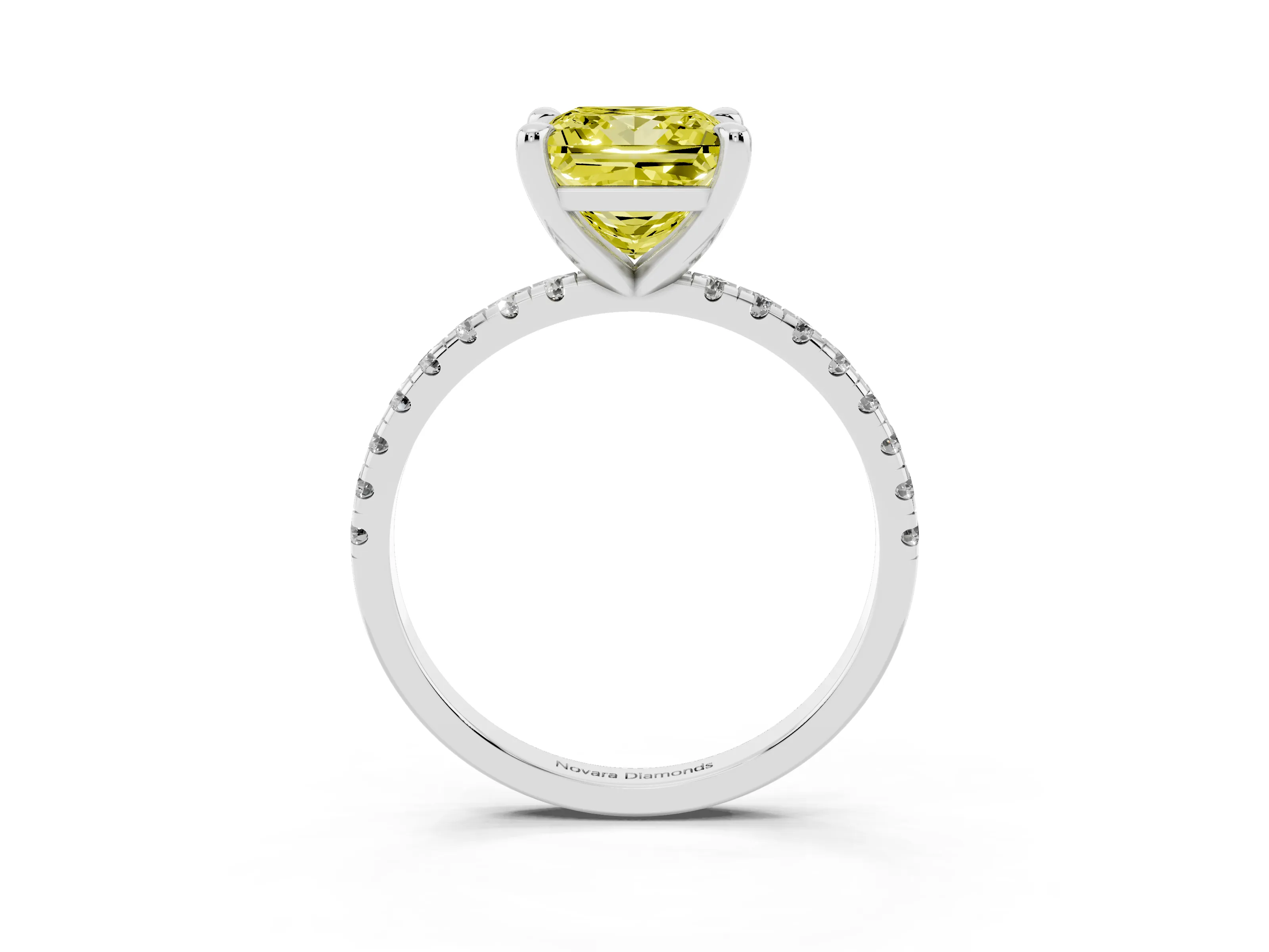 Fancy Yellow Princess Cut Diamond Brilliant Solitaire Ring Set in White gold with Pavé Band and Prong Setting
