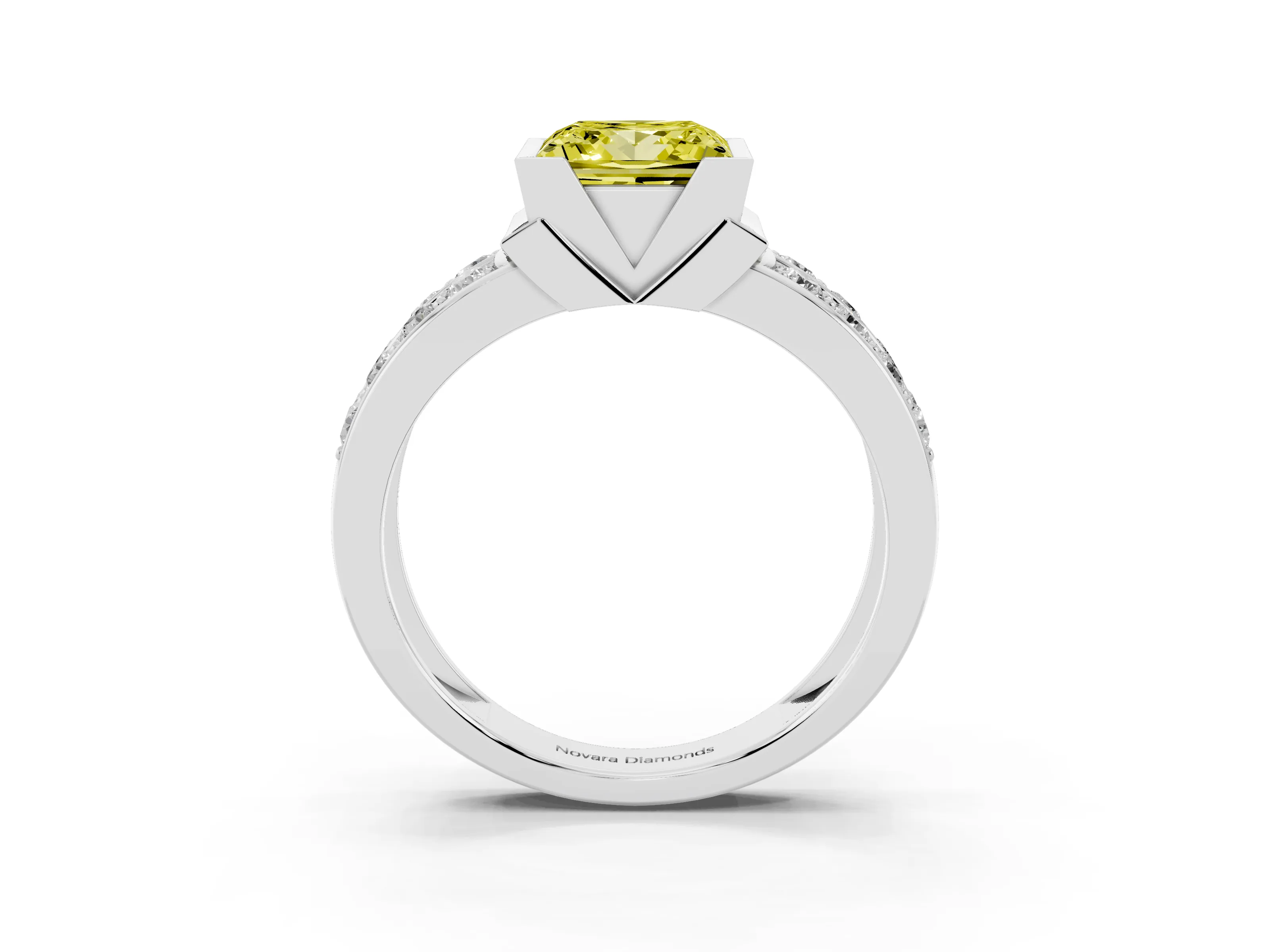 Fancy Yellow Princess Cut Diamond Wide Channel Set Band Ring Set in White gold with Bezel Setting