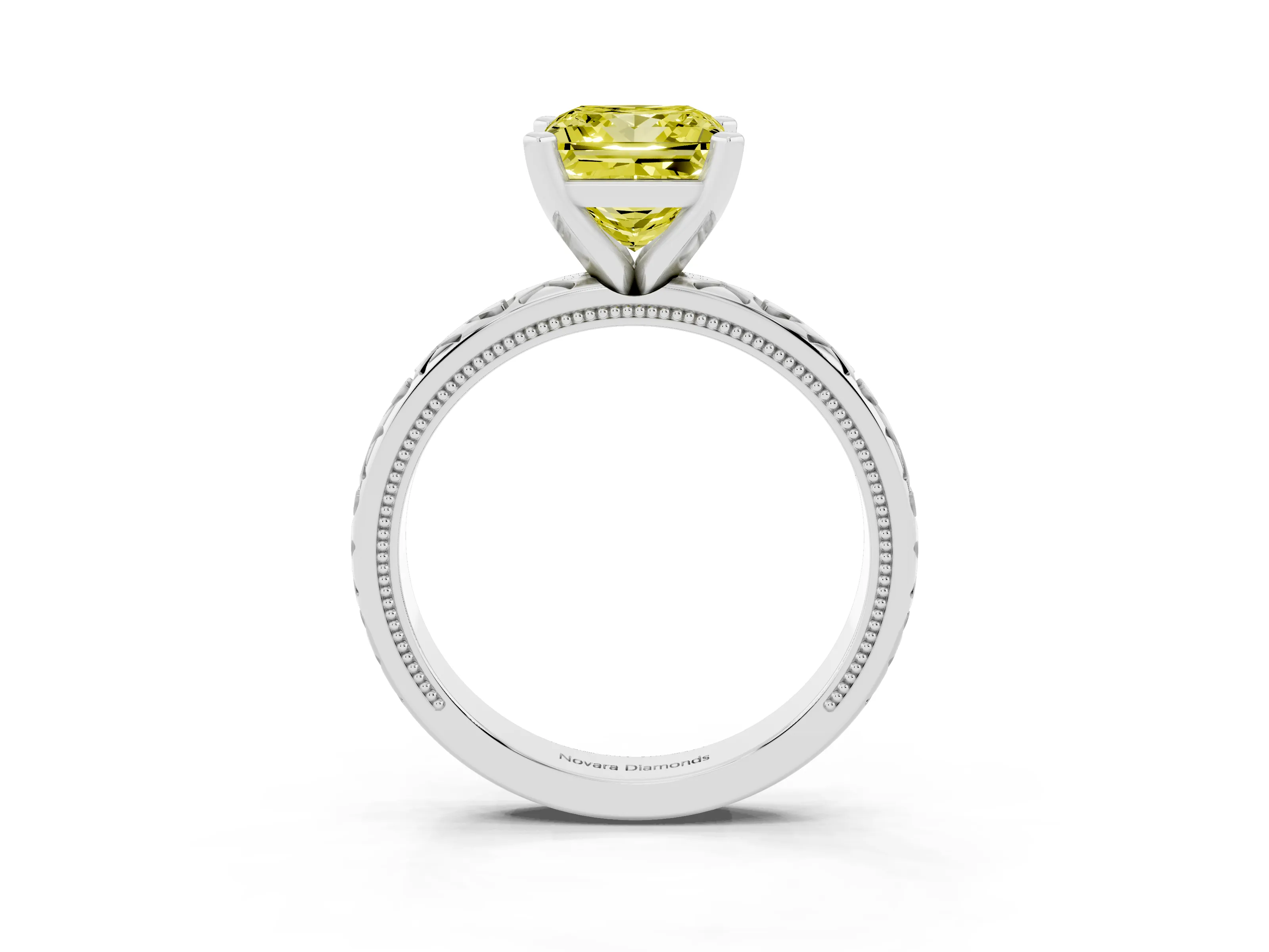 Fancy Yellow Princess Cut Diamond Solitaire Engagement Ring Set in Platinum with XO Engraved Band and Prong Setting