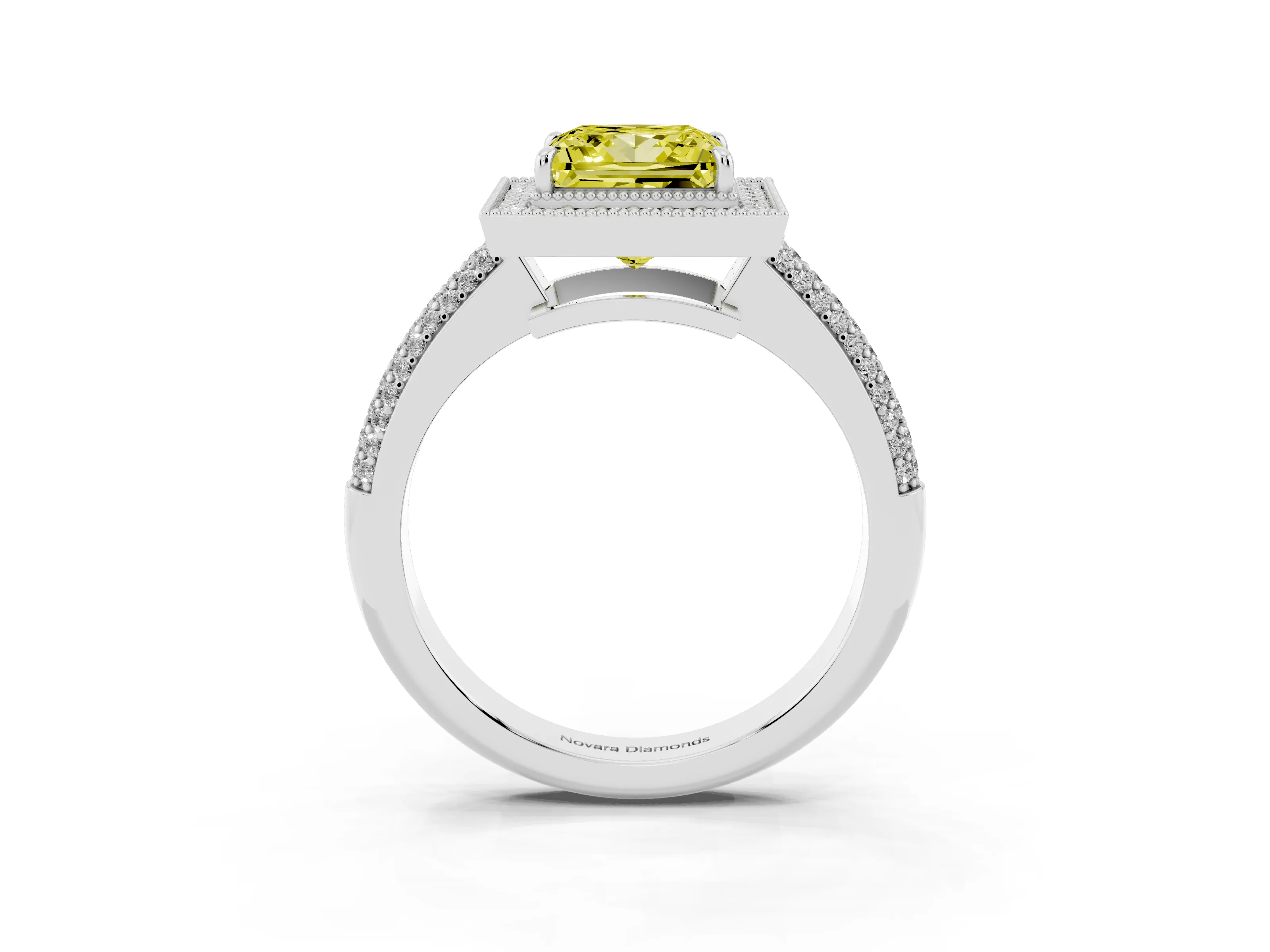 Fancy Yellow Princess Cut Diamond Halo Pavé Band Set in Platinum with Prong Setting