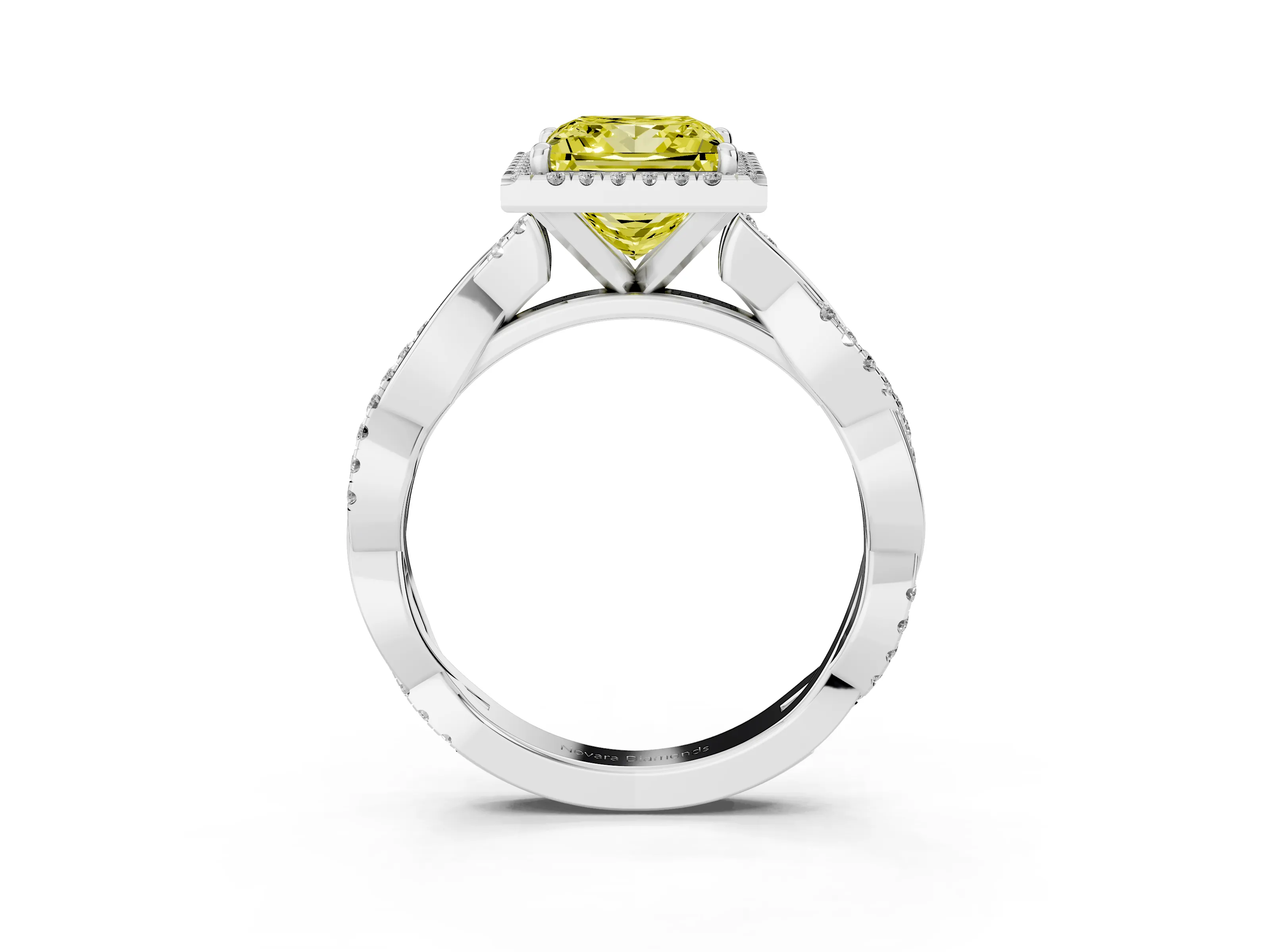 Fancy Yellow Princess Cut Diamond Halo Twisted Band Ring Set in White gold with Prong Setting