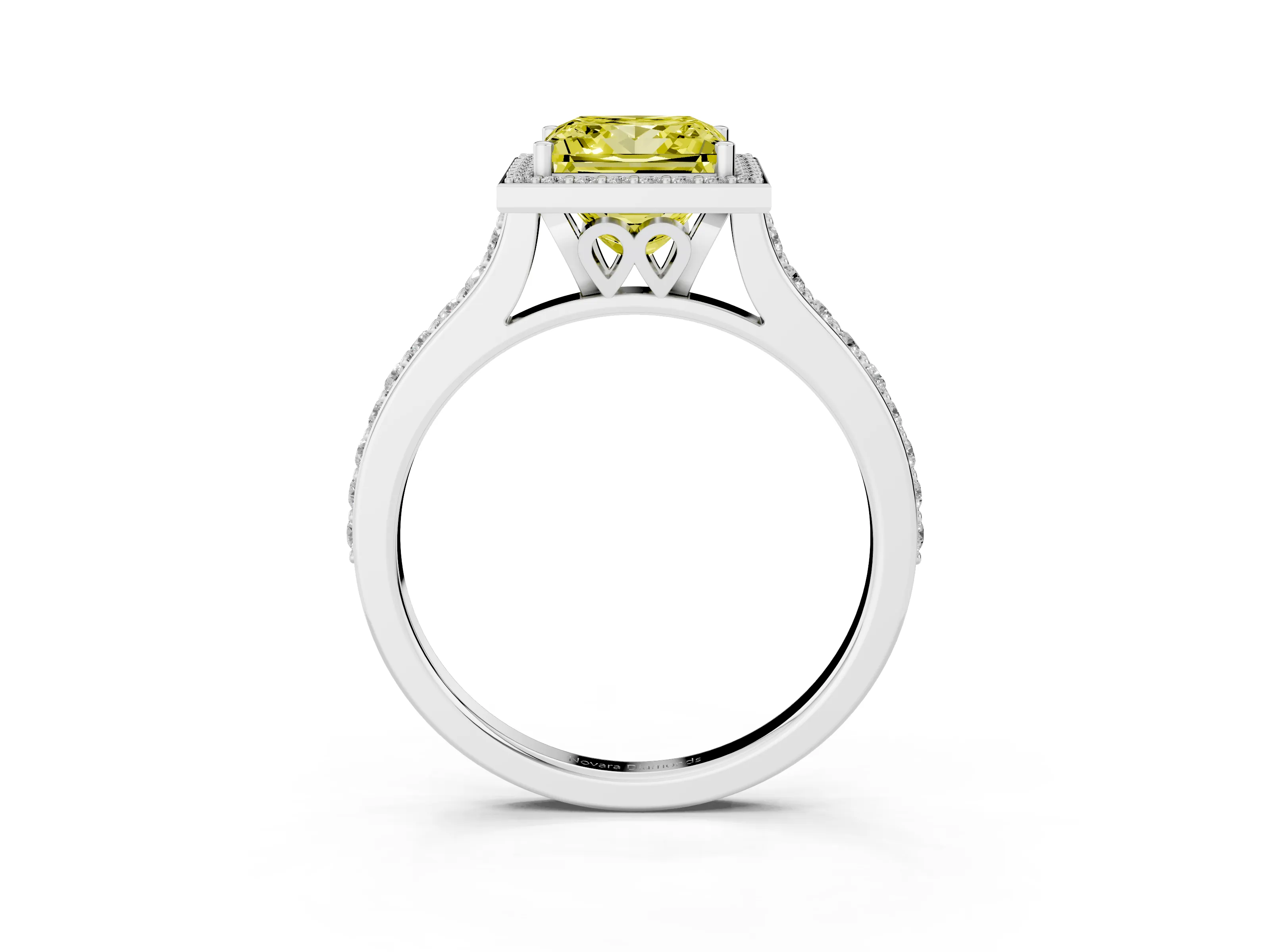 Fancy Yellow Princess Cut Diamond Halo Engagement Ring Set in White gold with Round Pavé Shoulders and Heart Gallery