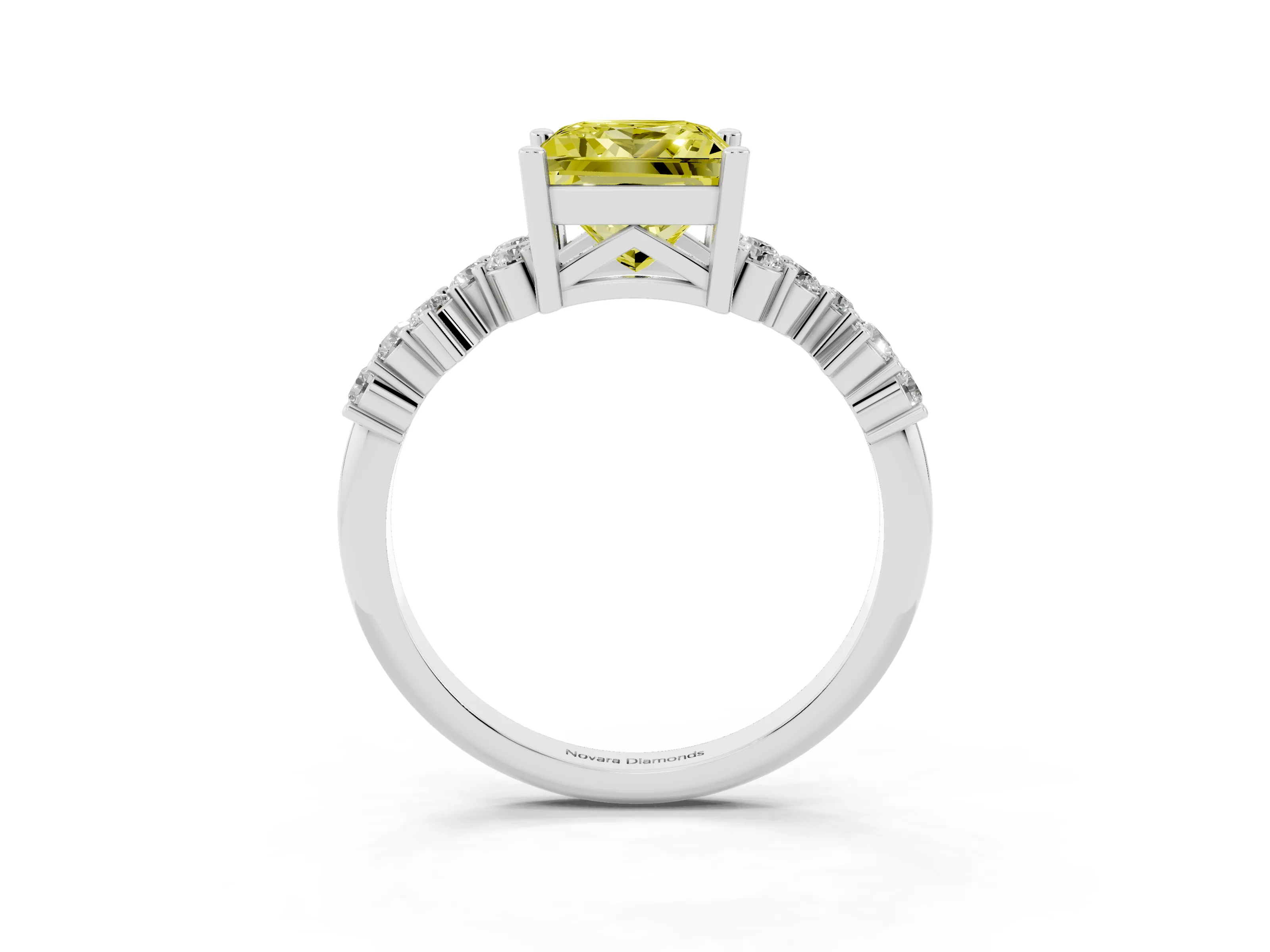 Fancy Yellow Princess Cut Diamond Ring Set in White gold with Scattered Round Accents