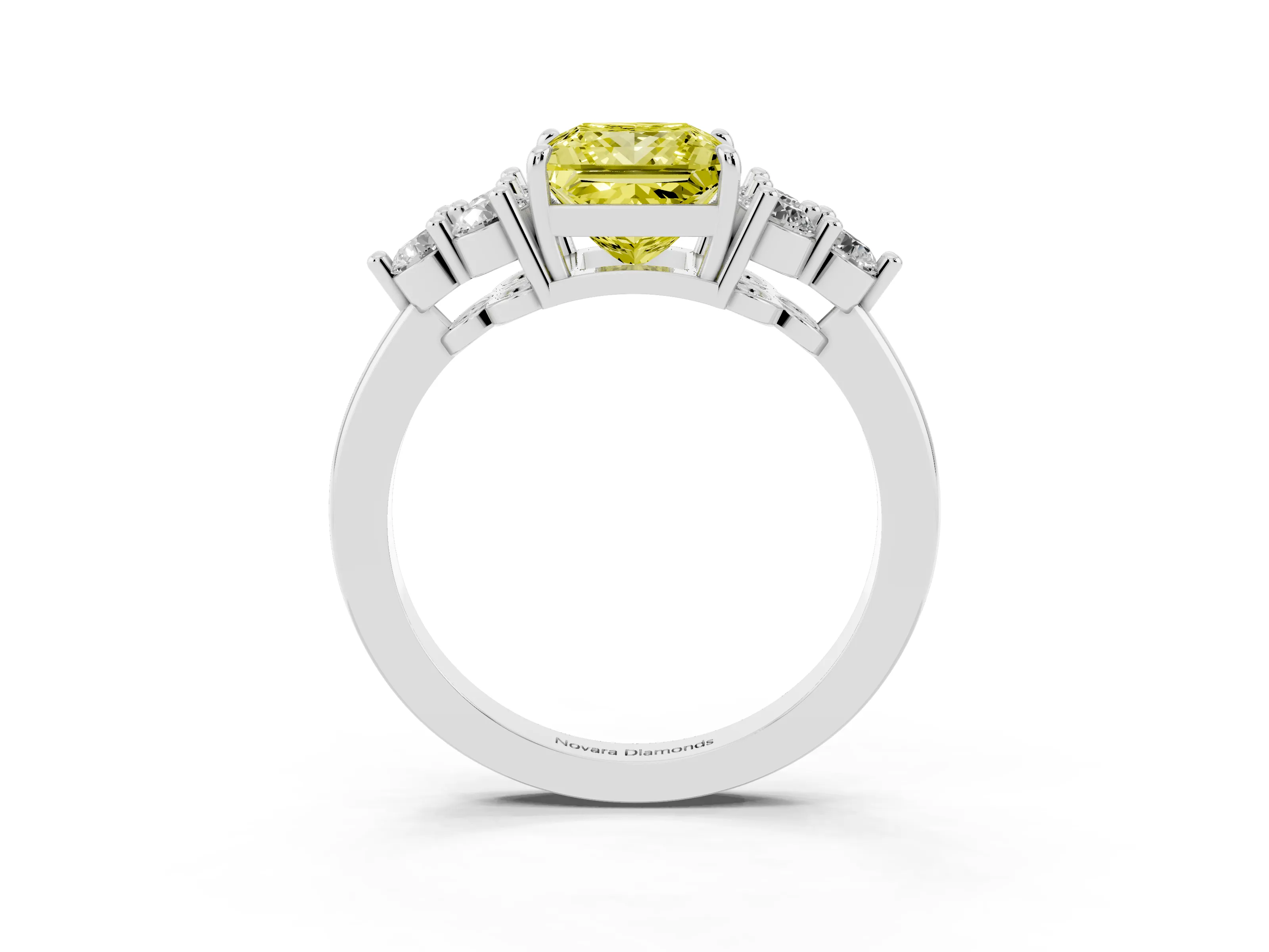 Fancy Yellow Princess Cut Diamond Solitaire Ring Set in Silver with Cluster Accents on Each Side
