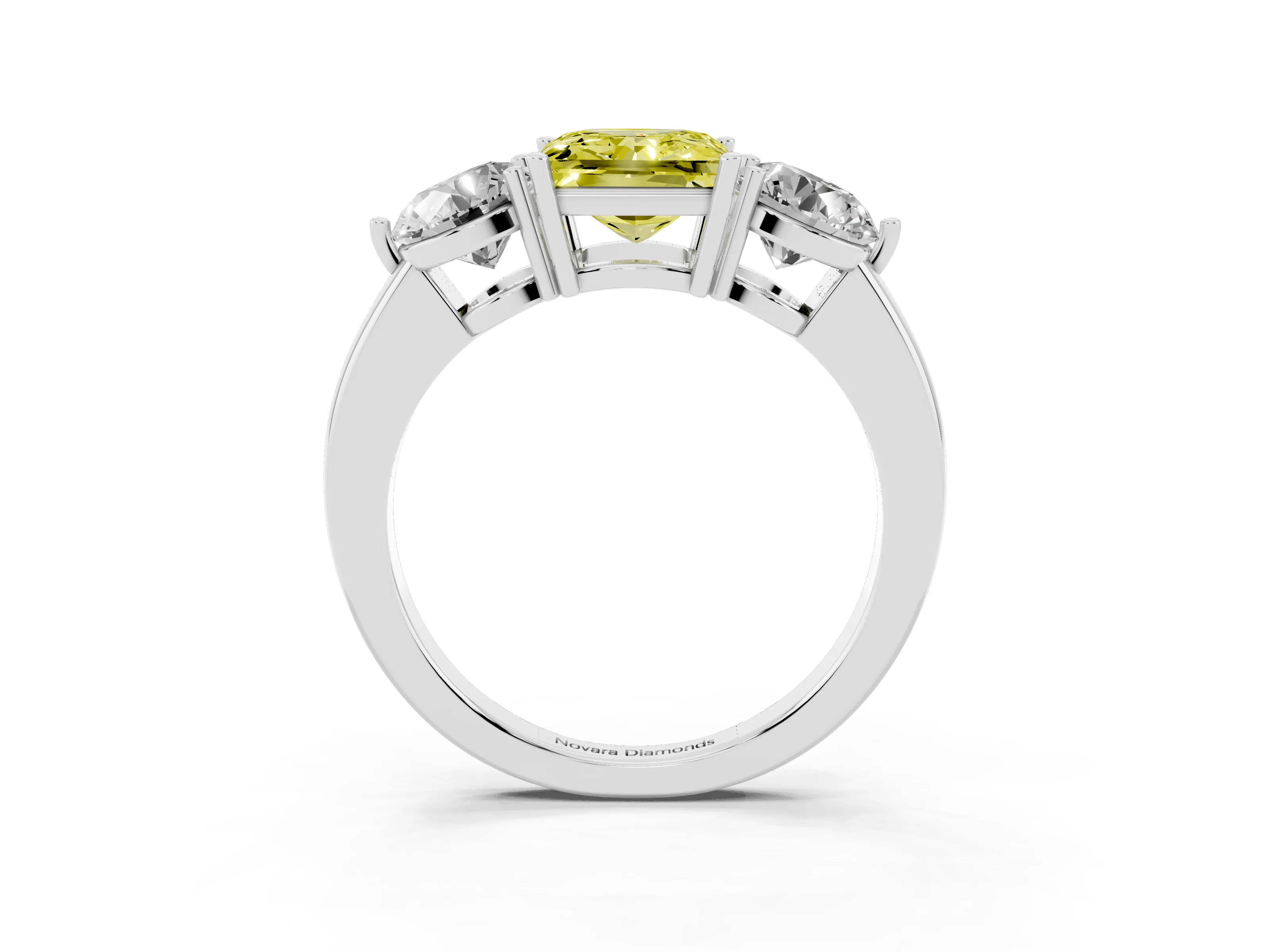 Fancy Yellow Princess Cut Diamond Three-Stone Ring Set in Platinum with Prong Setting and Plain Band