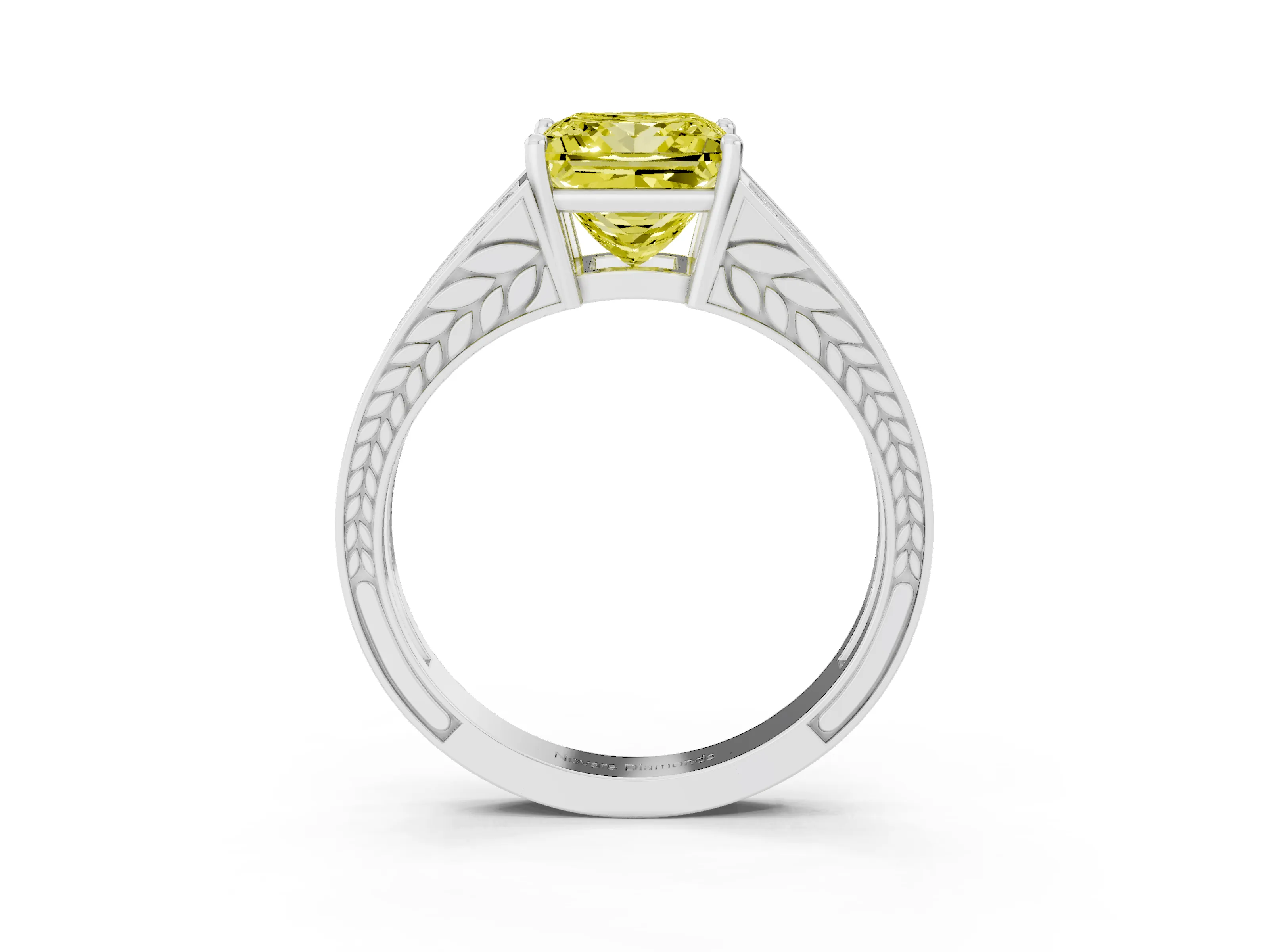 Fancy Yellow Princess Cut Diamond Split Shank Ring Set in Platinum with Pavé Band and Prong Setting