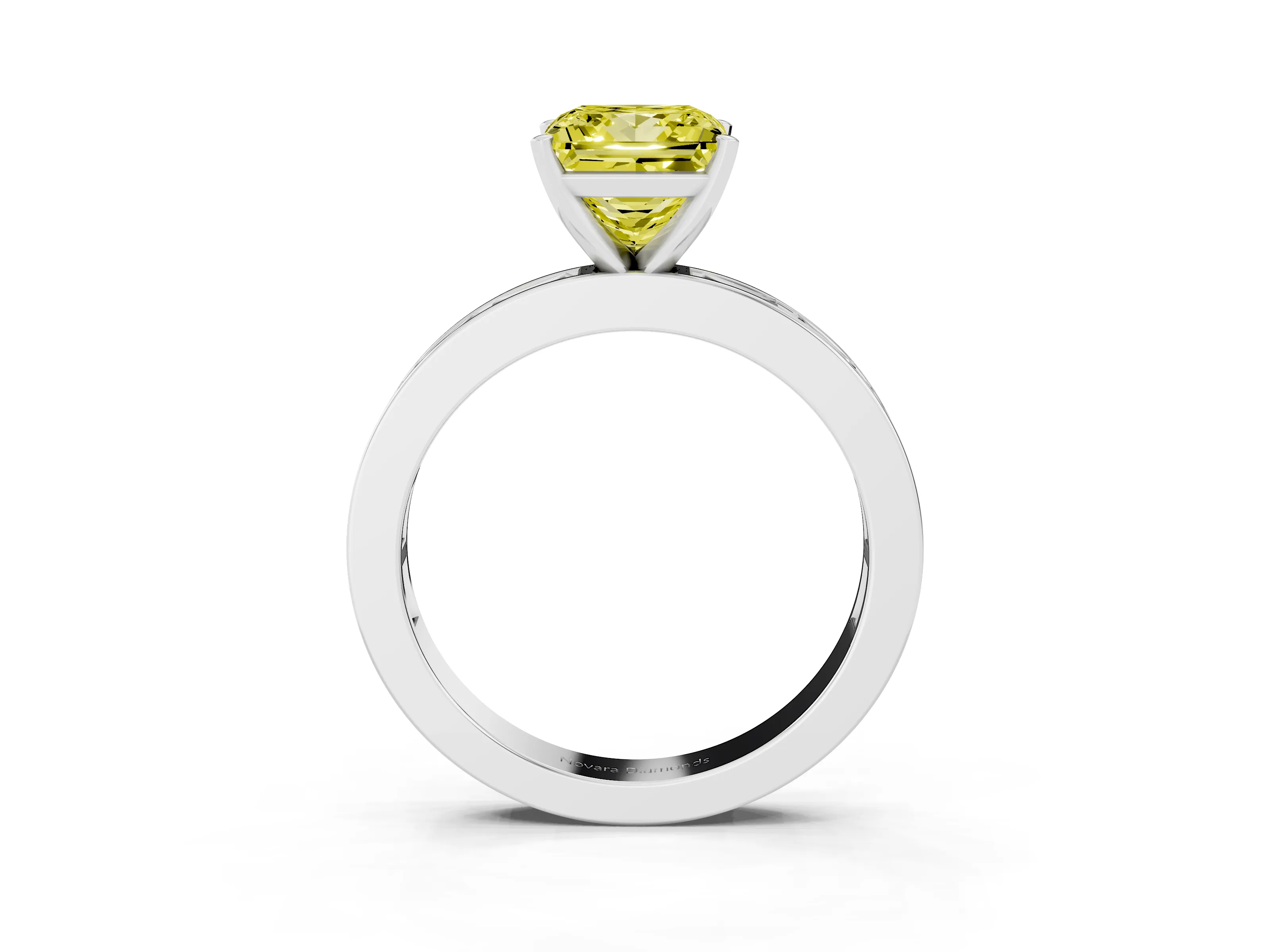 Fancy Yellow Princess Cut Diamond Solitaire Ring Set in Silver with Channel-Set Baguette Band and Prong Setting