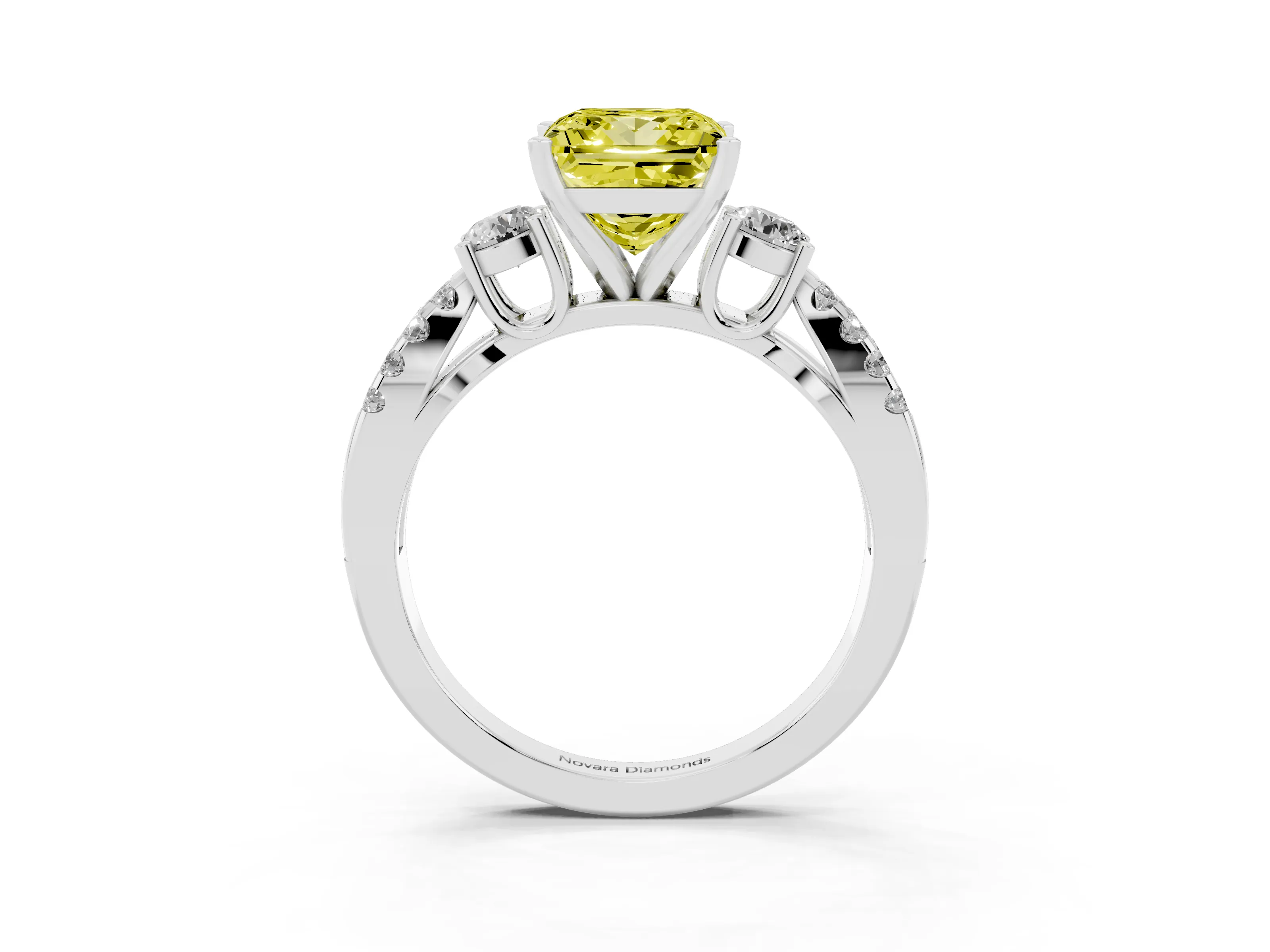 Fancy Yellow Princess Cut Diamond Three-Stone Ring Set in White gold with Pavé Split Shank and Prong Setting