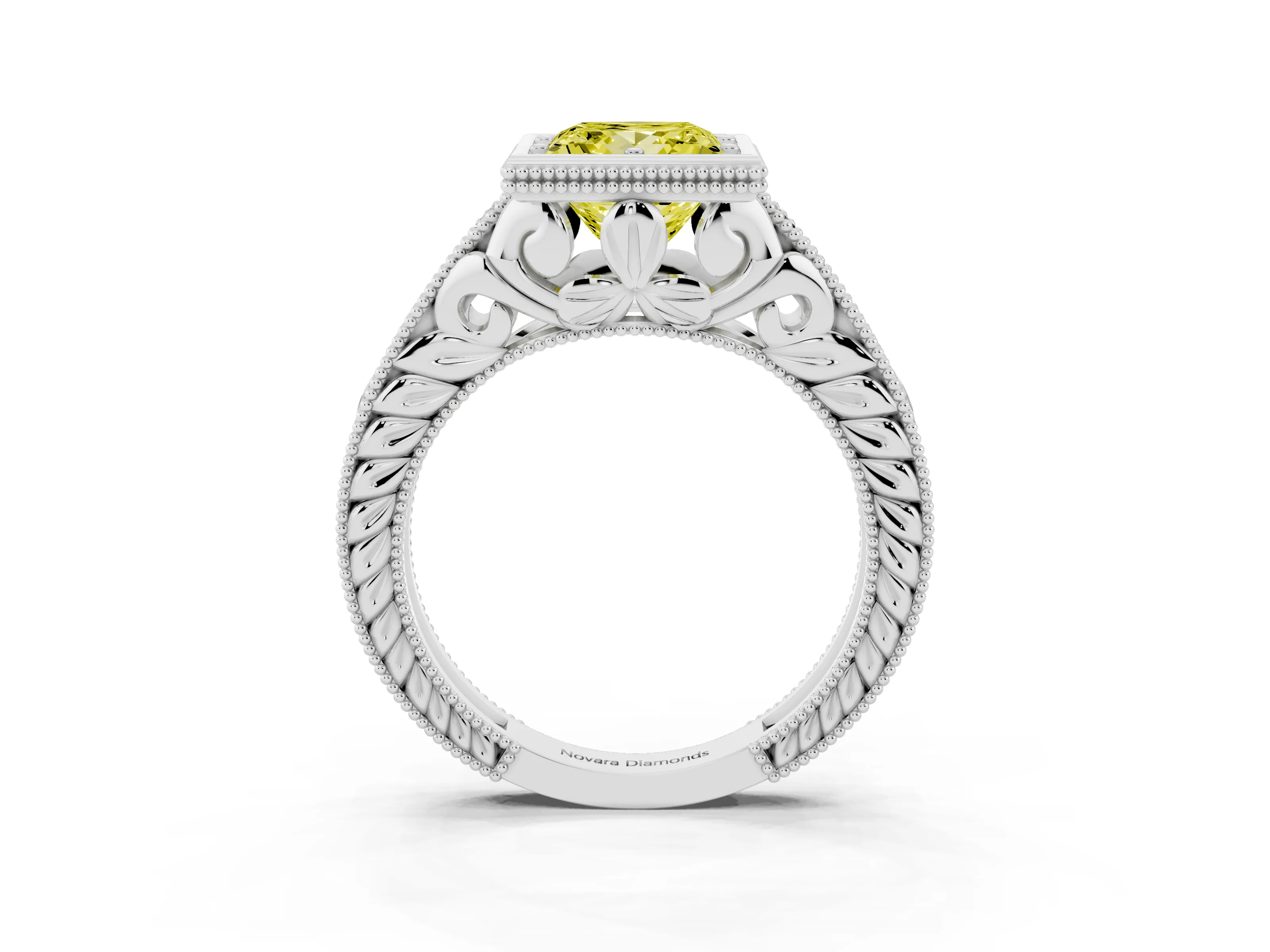 Fancy Yellow Bezel Set Princess Cut Diamond Milgrain Pavé Engagement Ring Set in Platinum