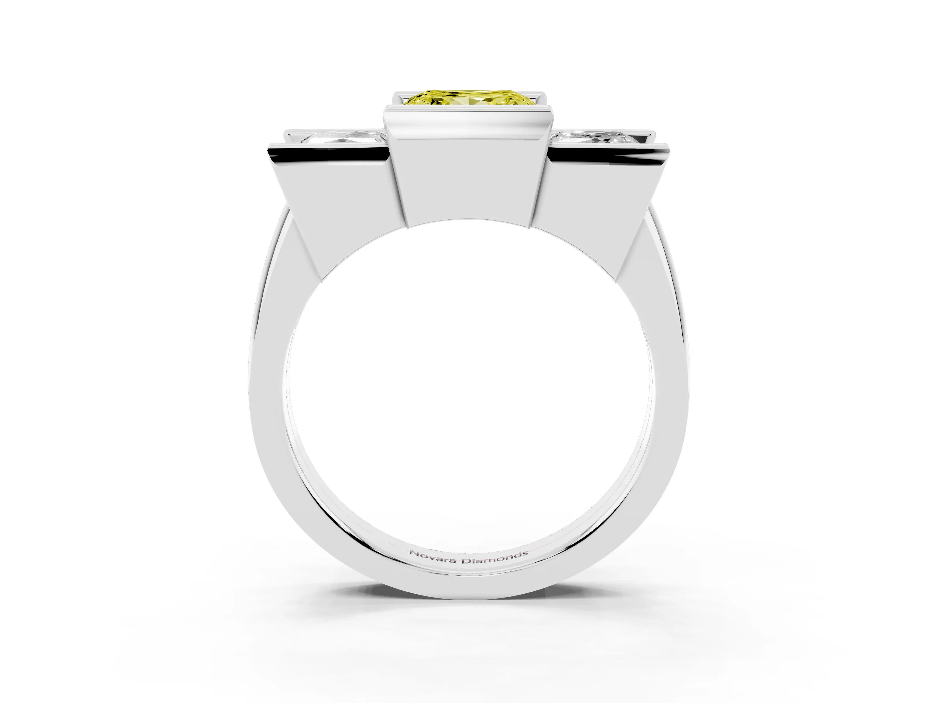Fancy Yellow Princess Cut Diamond Three-Stone Channel Set Ring Set in Platinum with Smooth Polished Band
