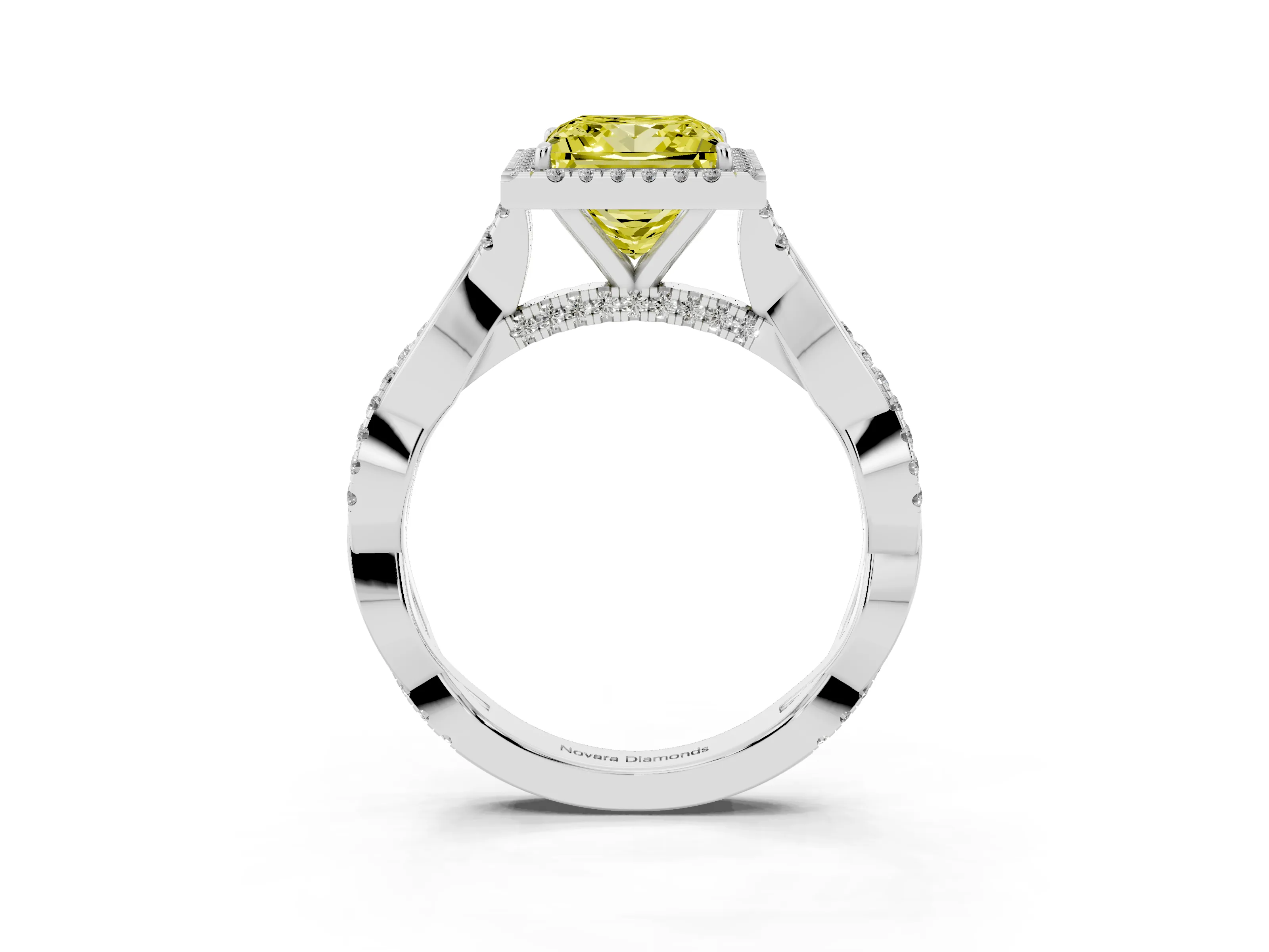 Fancy Yellow Princess Cut Diamond Halo Twist Band Solitaire Ring Set in Platinum with Prong Setting