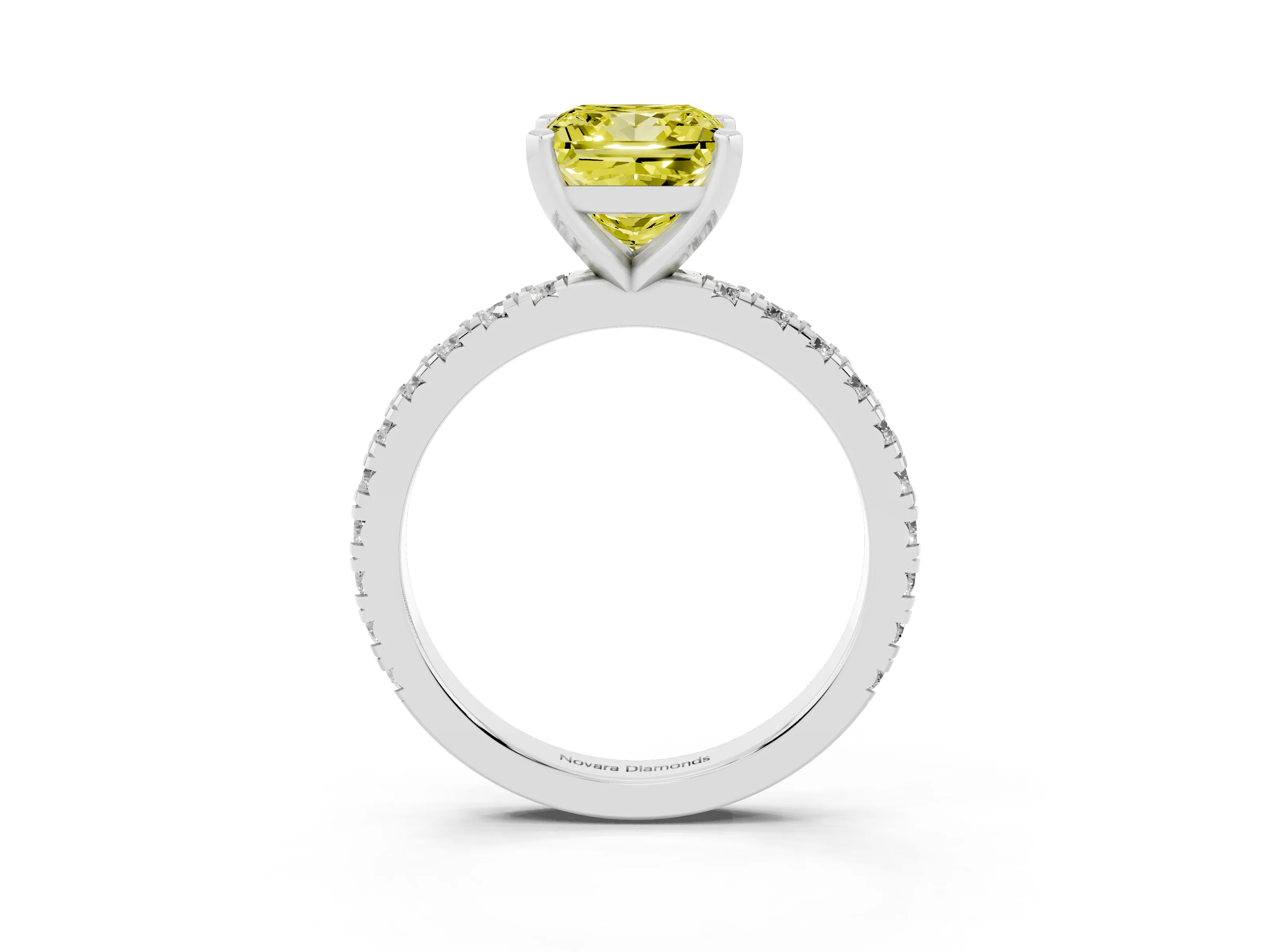 Fancy Yellow Princess Cut Diamond Pavé Band Solitaire Set in White gold with Prong Setting
